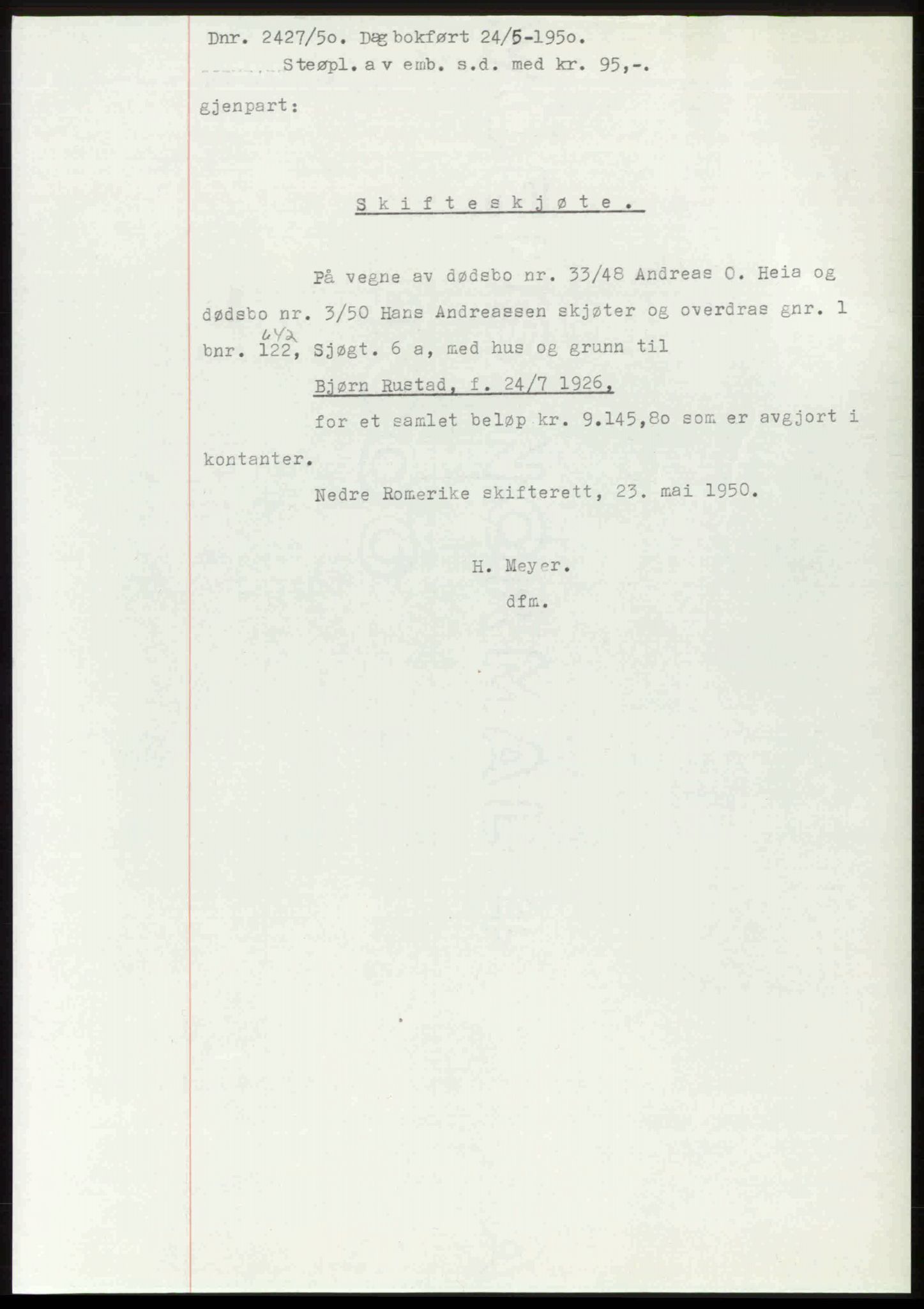 Nedre Romerike sorenskriveri, SAO/A-10469/G/Gb/Gbd/L0030: Mortgage book no. 30, 1950-1950, Diary no: : 2427/1950