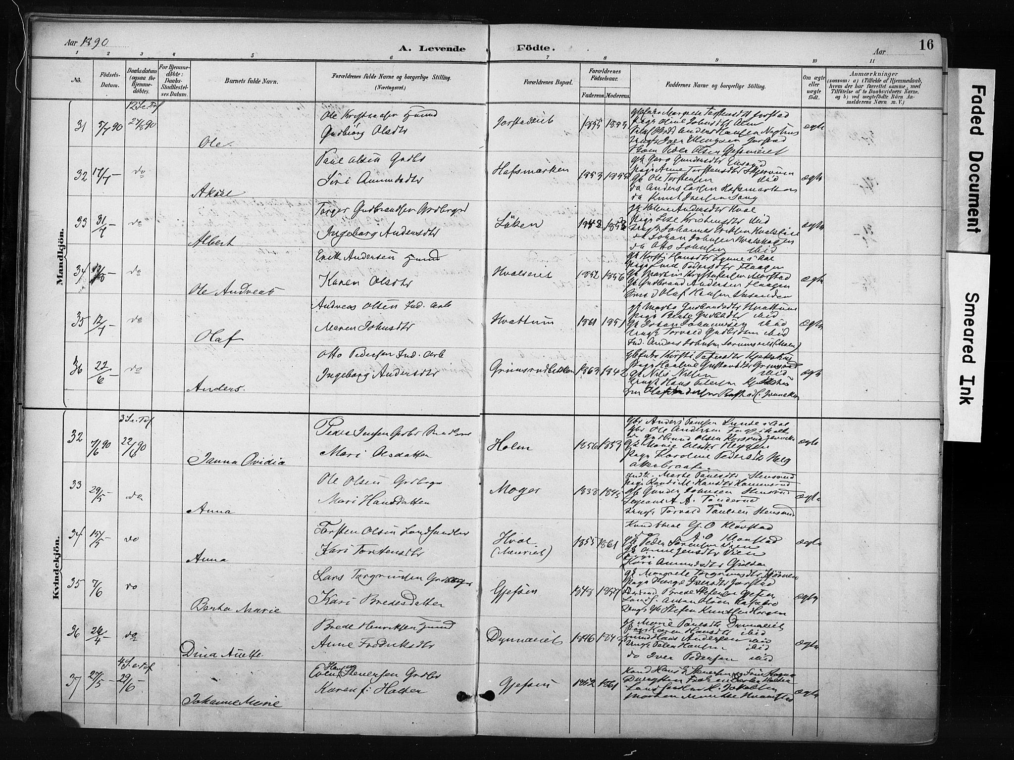 Gran prestekontor, AV/SAH-PREST-112/H/Ha/Haa/L0017: Parish register (official) no. 17, 1889-1897, p. 16