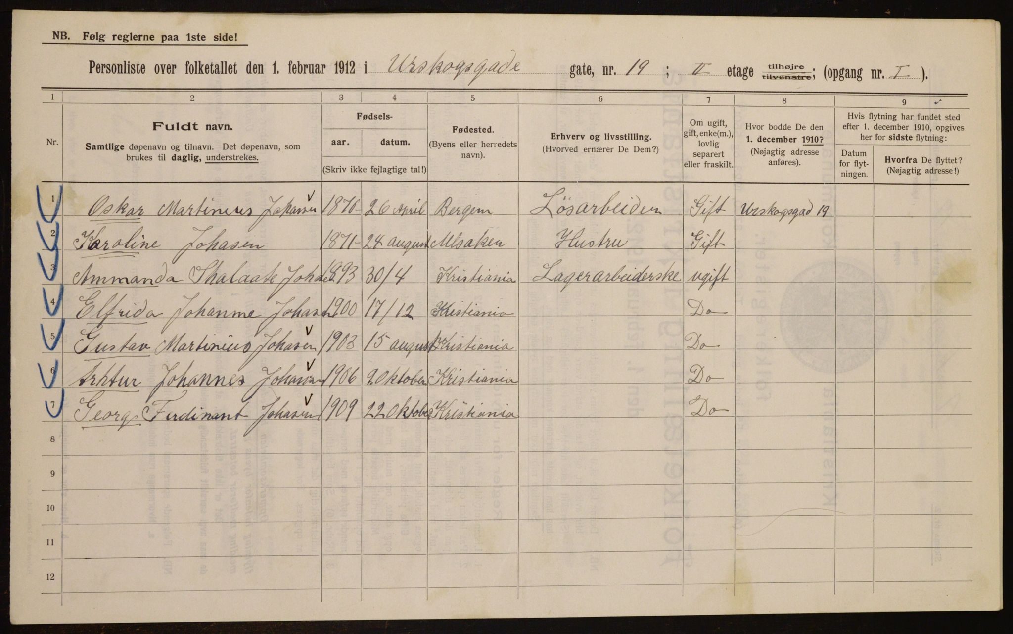 OBA, Municipal Census 1912 for Kristiania, 1912, p. 2541