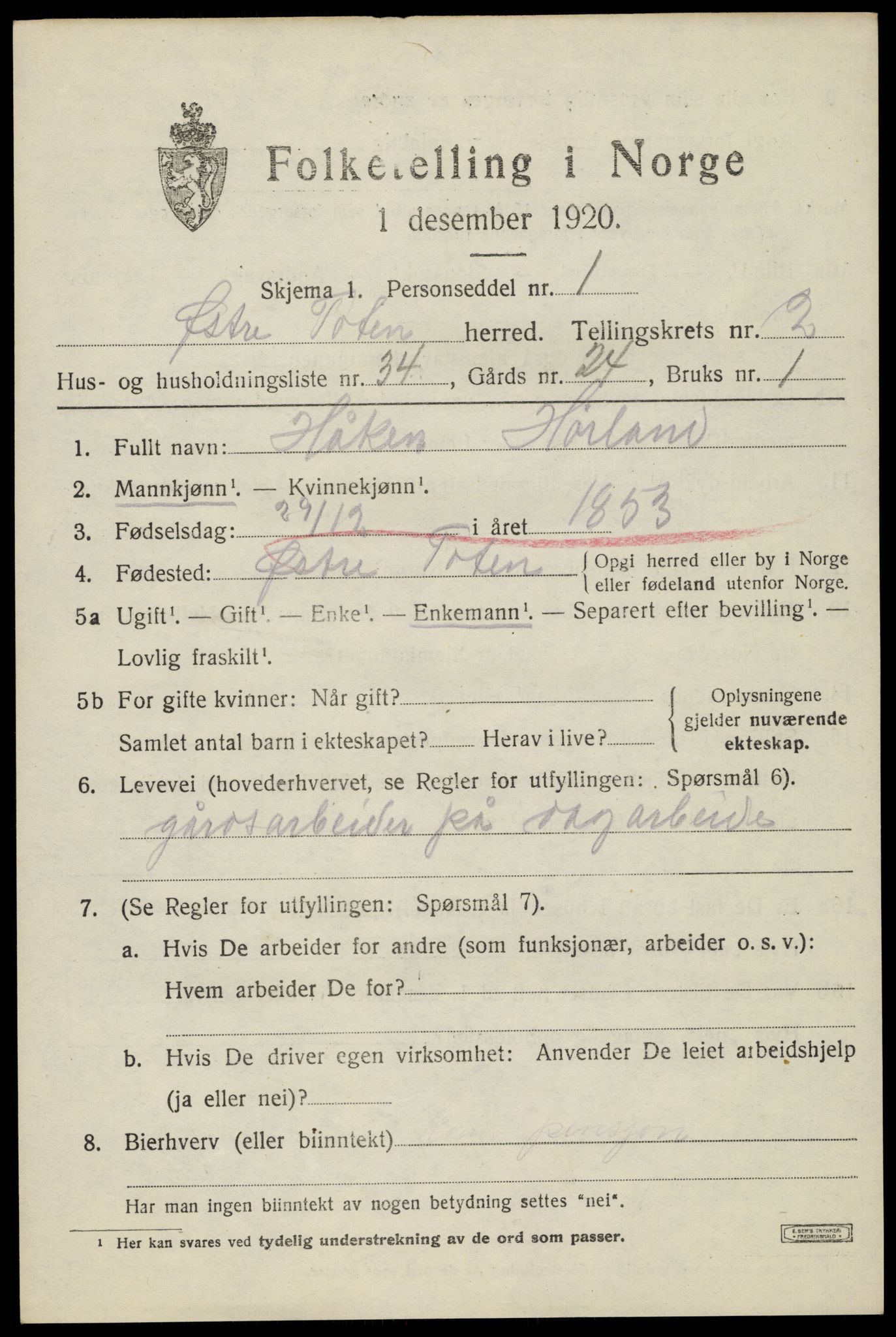 SAH, 1920 census for Østre Toten, 1920, p. 4676