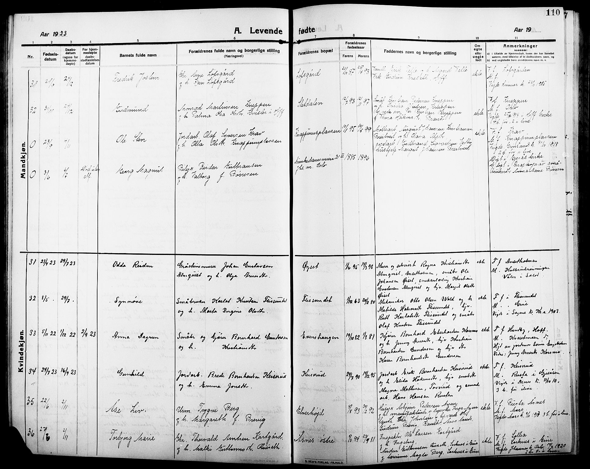 Åsnes prestekontor, AV/SAH-PREST-042/H/Ha/Hab/L0007: Parish register (copy) no. 7, 1909-1926, p. 110