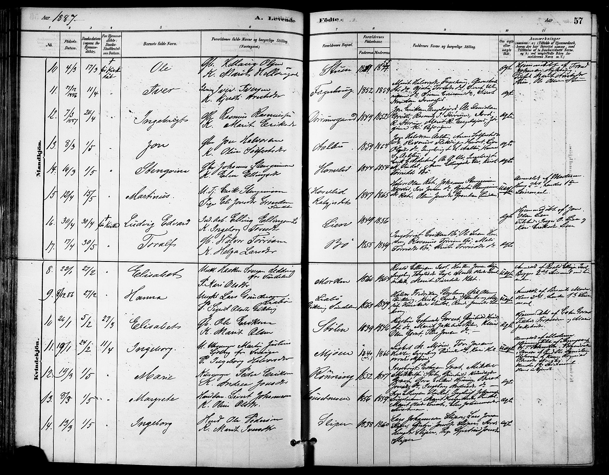 Ministerialprotokoller, klokkerbøker og fødselsregistre - Sør-Trøndelag, SAT/A-1456/678/L0901: Parish register (official) no. 678A10, 1881-1894, p. 57