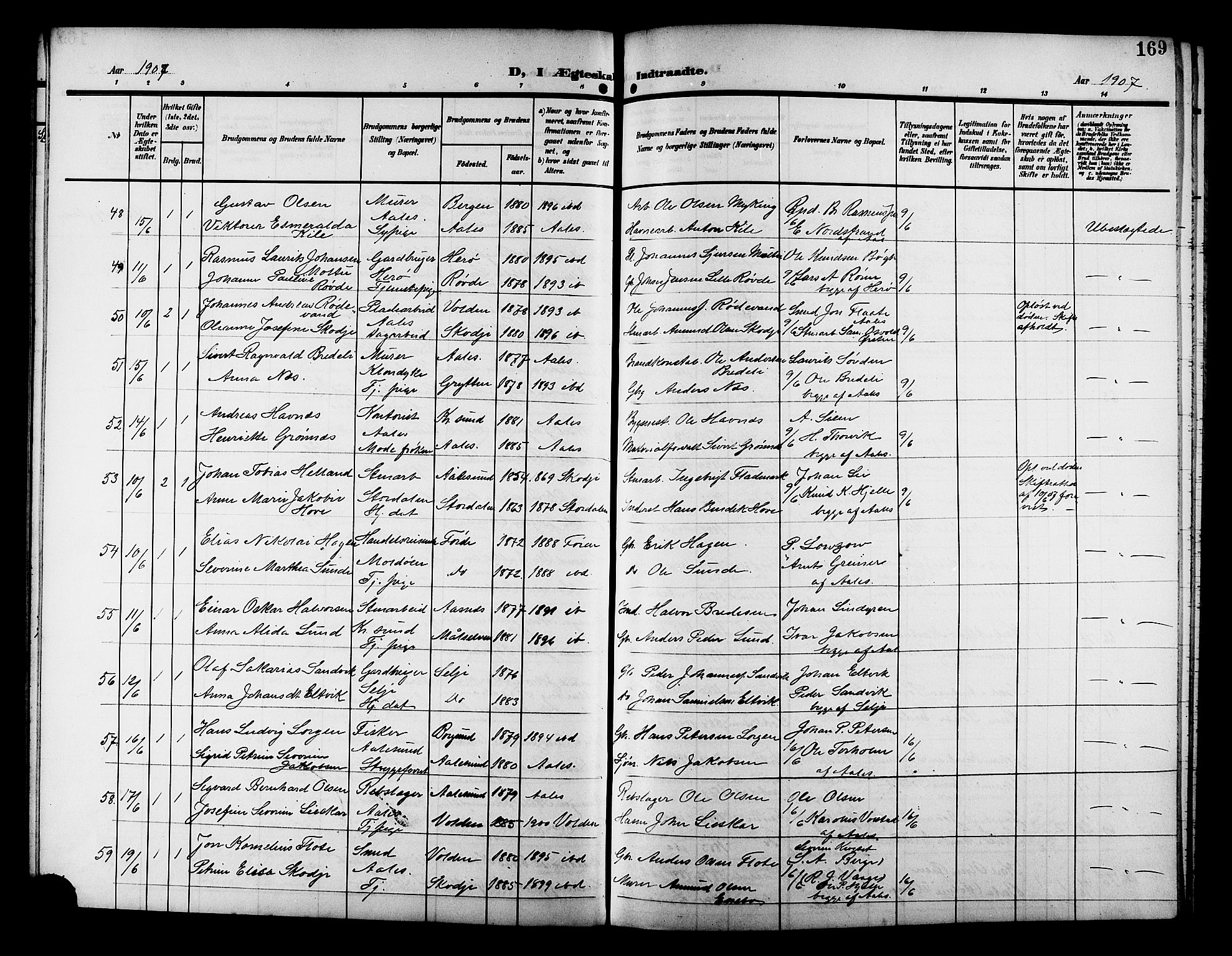 Ministerialprotokoller, klokkerbøker og fødselsregistre - Møre og Romsdal, AV/SAT-A-1454/529/L0470: Parish register (copy) no. 529C07, 1907-1917, p. 169