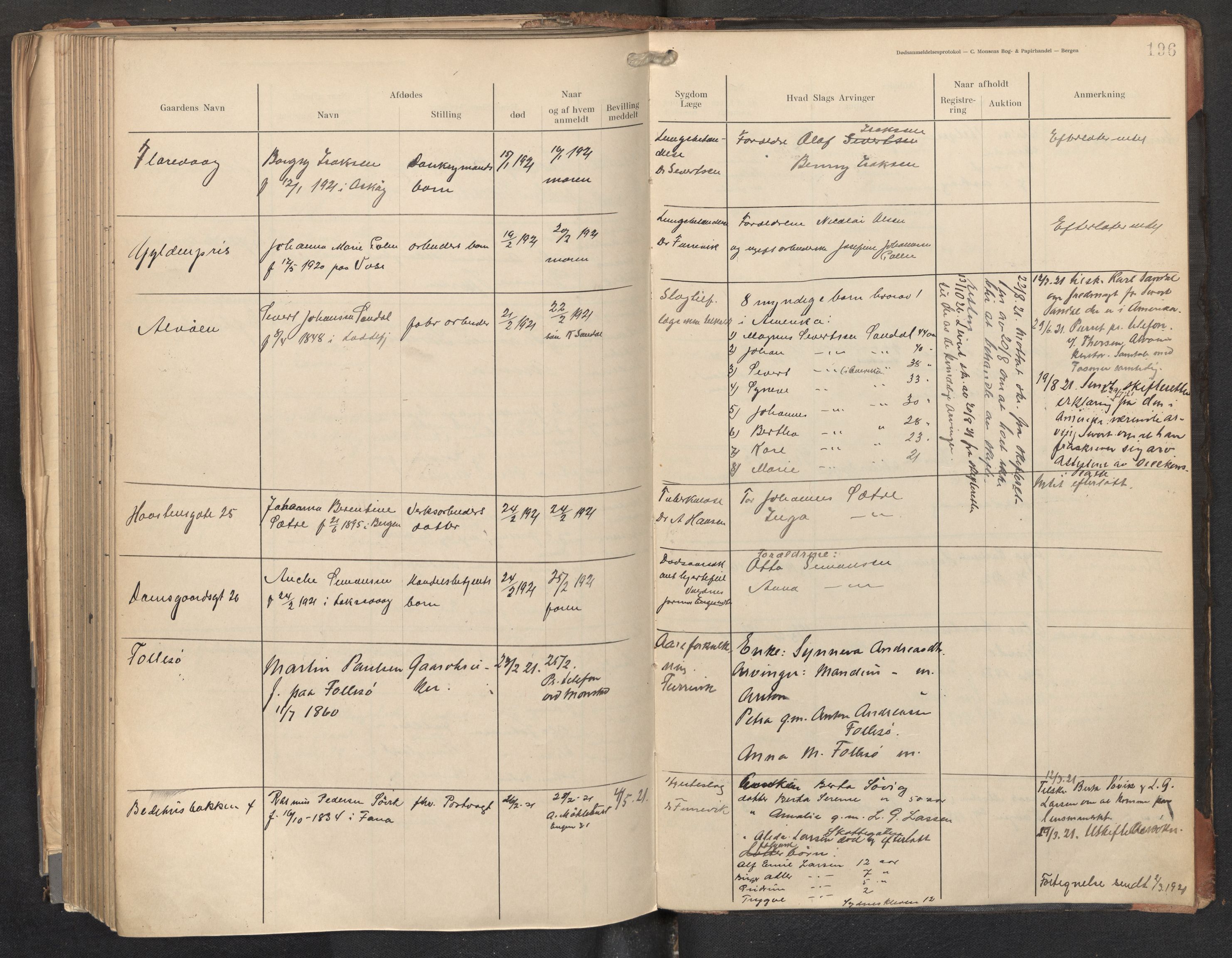 Lensmannen i Askøy, AV/SAB-A-31001/0006/L0001: Dødsfallprotokoll med register , 1907-1921, p. 196