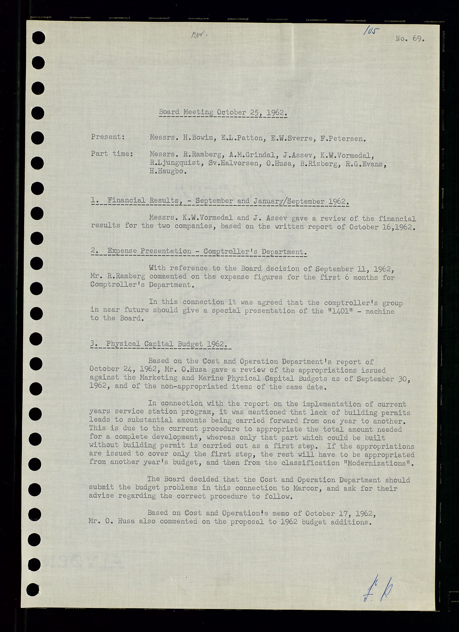 Pa 0982 - Esso Norge A/S, AV/SAST-A-100448/A/Aa/L0001/0003: Den administrerende direksjon Board minutes (styrereferater) / Den administrerende direksjon Board minutes (styrereferater), 1962, p. 105