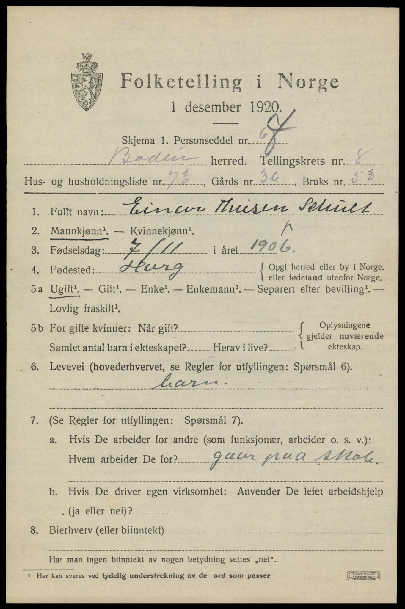 SAT, 1920 census for Bodin, 1920, p. 6874