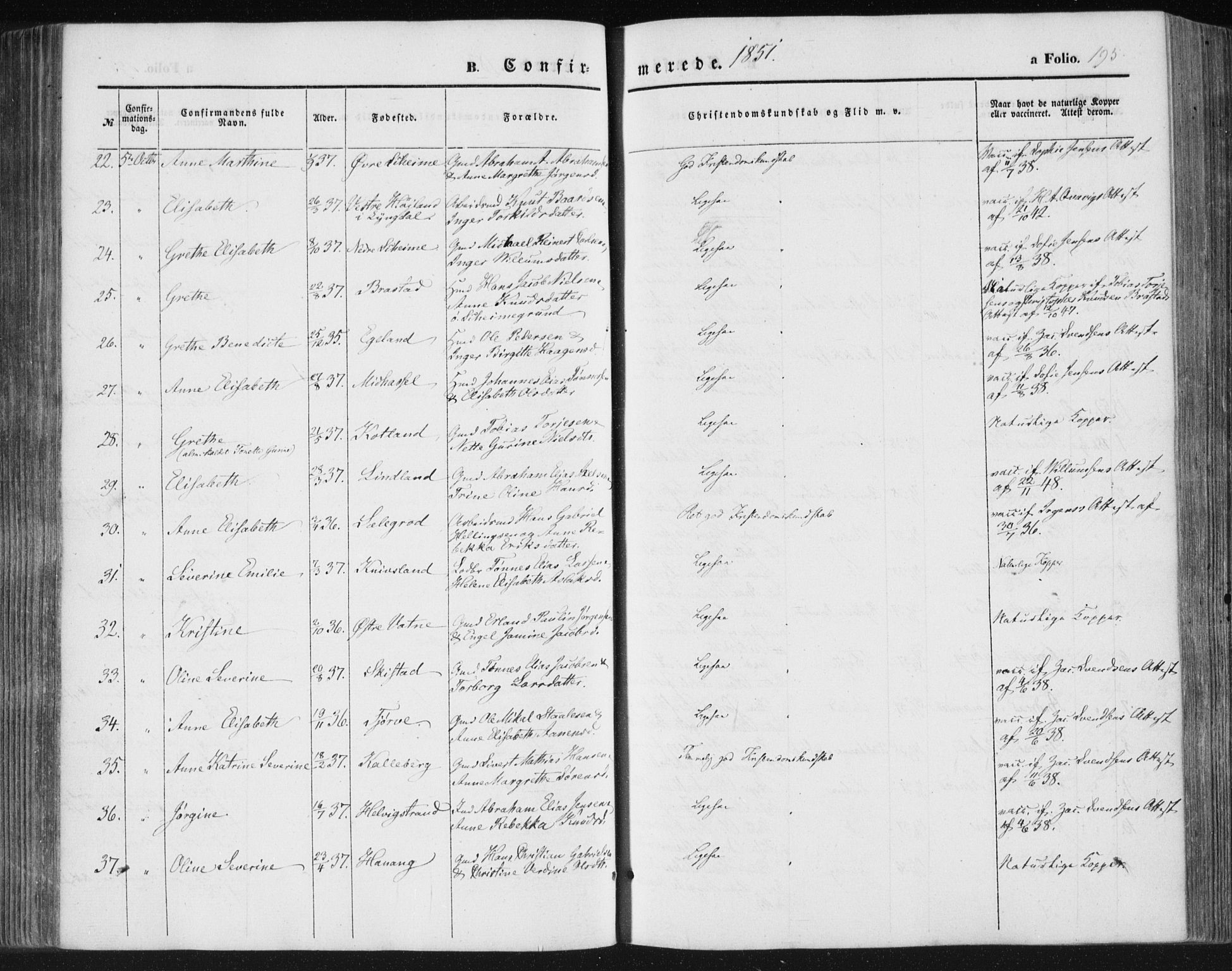 Lista sokneprestkontor, SAK/1111-0027/F/Fa/L0010: Parish register (official) no. A 10, 1846-1861, p. 195