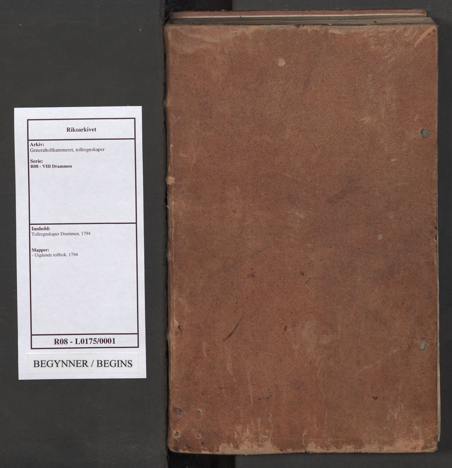 Generaltollkammeret, tollregnskaper, RA/EA-5490/R08/L0175/0001: Tollregnskaper Drammen / Utgående tollbok, 1794