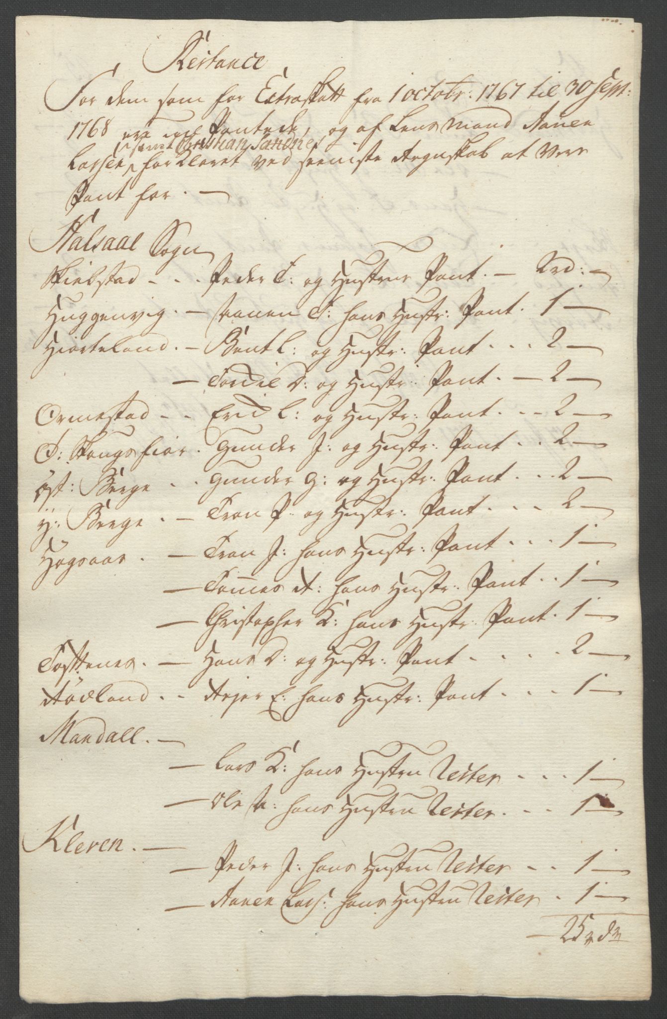 Rentekammeret inntil 1814, Reviderte regnskaper, Fogderegnskap, AV/RA-EA-4092/R45/L2704: Ekstraskatten Lista og Mandal, 1762-1768, p. 420