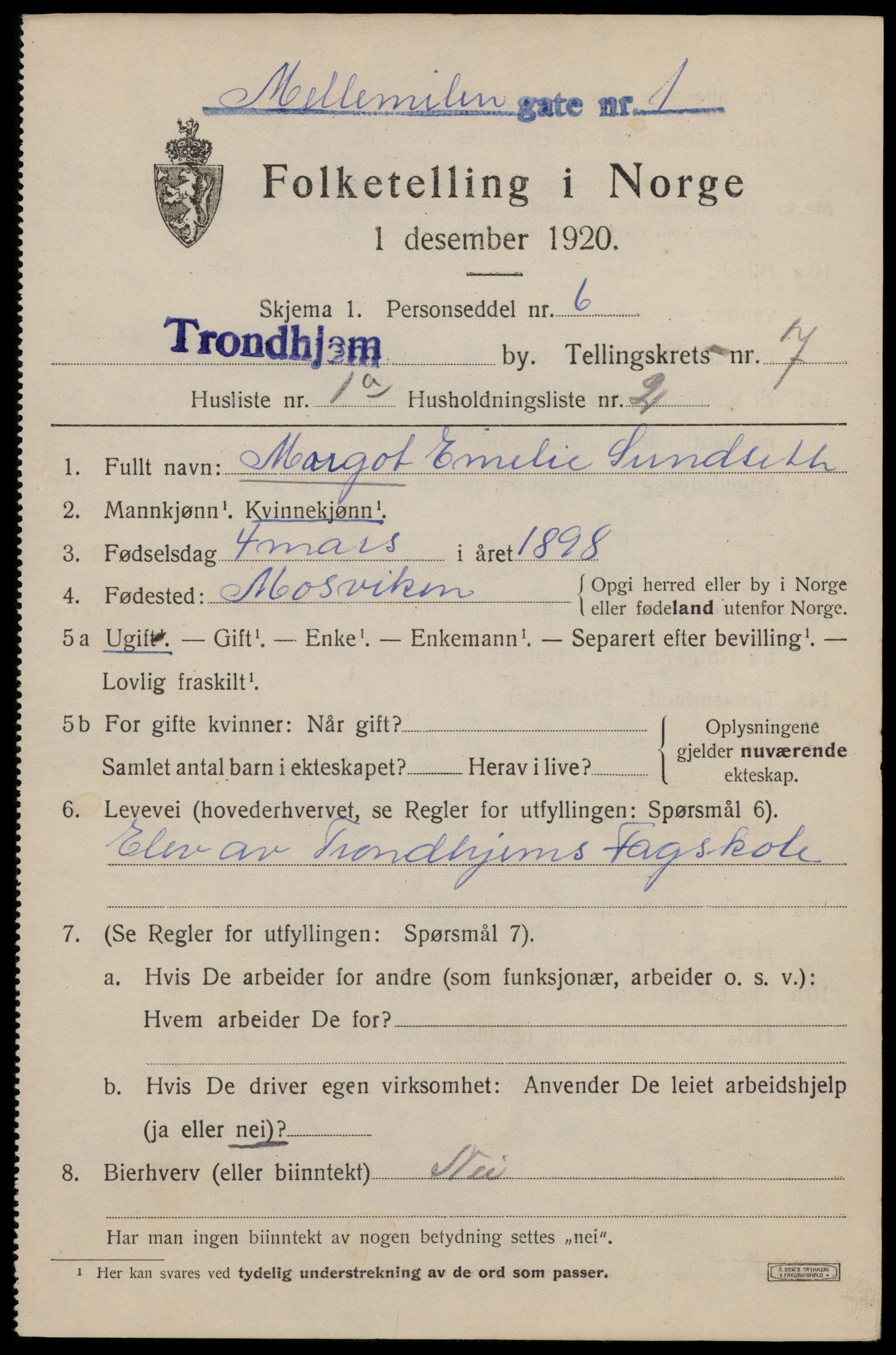 SAT, 1920 census for Trondheim, 1920, p. 41208