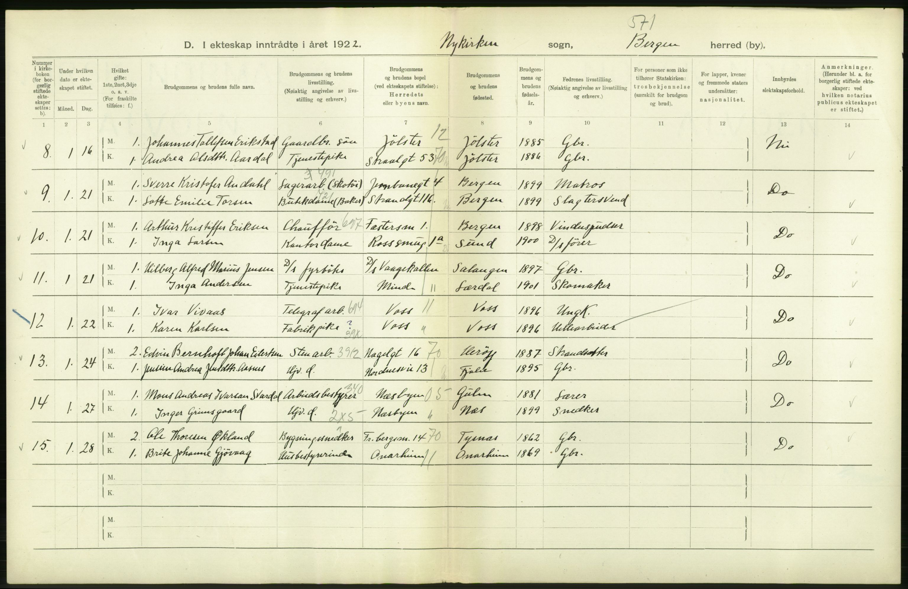 Statistisk sentralbyrå, Sosiodemografiske emner, Befolkning, AV/RA-S-2228/D/Df/Dfc/Dfcb/L0030: Bergen: Gifte, døde, dødfødte., 1922, p. 116