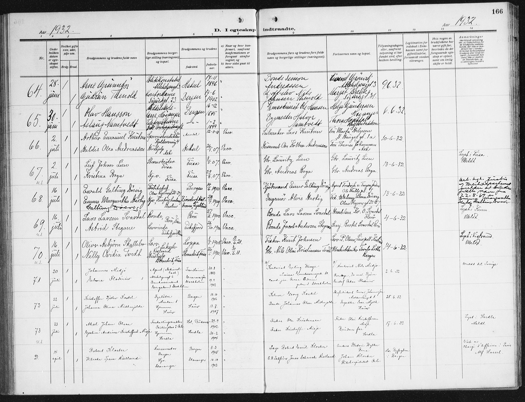 Domkirken sokneprestembete, AV/SAB-A-74801/H/Haa/L0039: Parish register (official) no. D 6, 1921-1937, p. 166