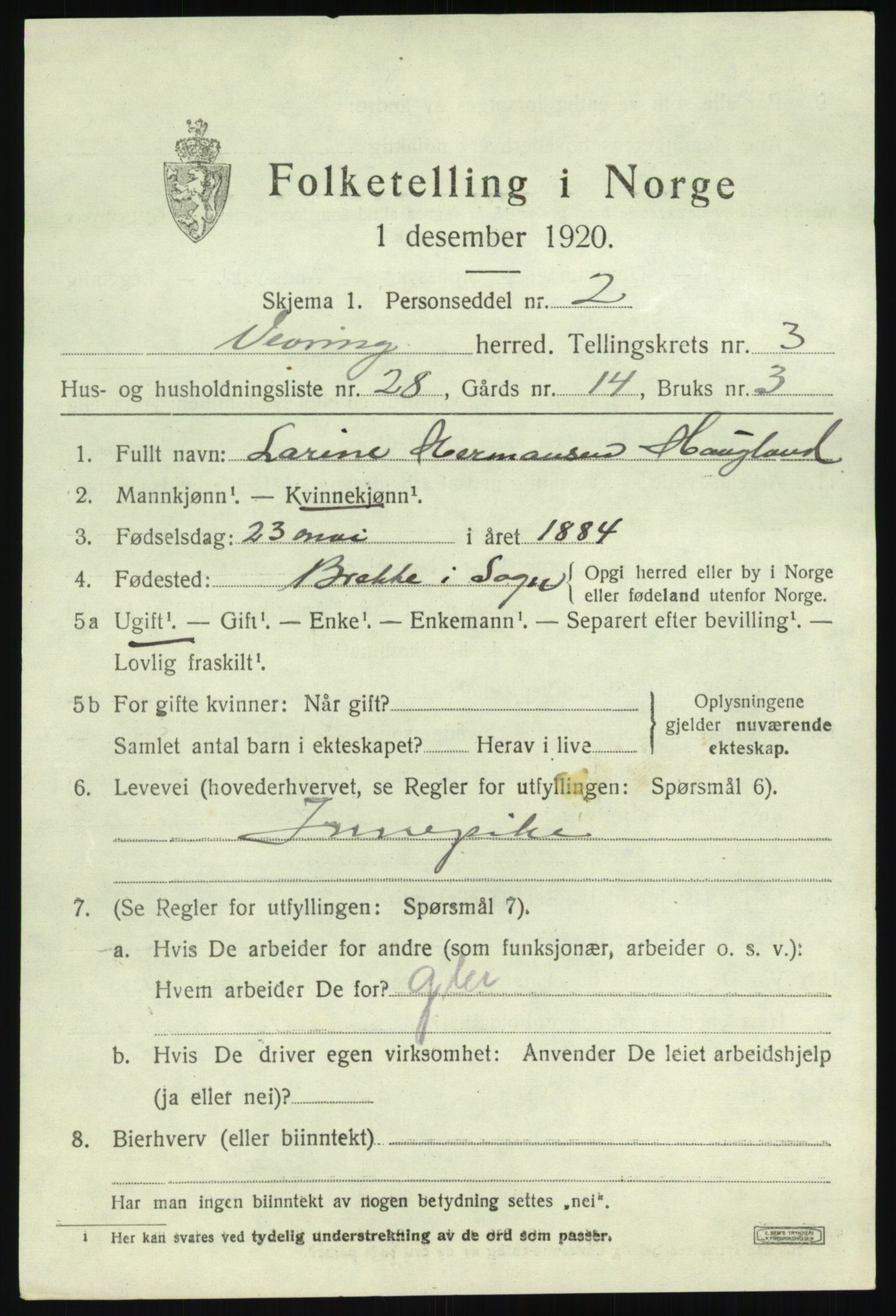 SAB, 1920 census for Vevring, 1920, p. 1316