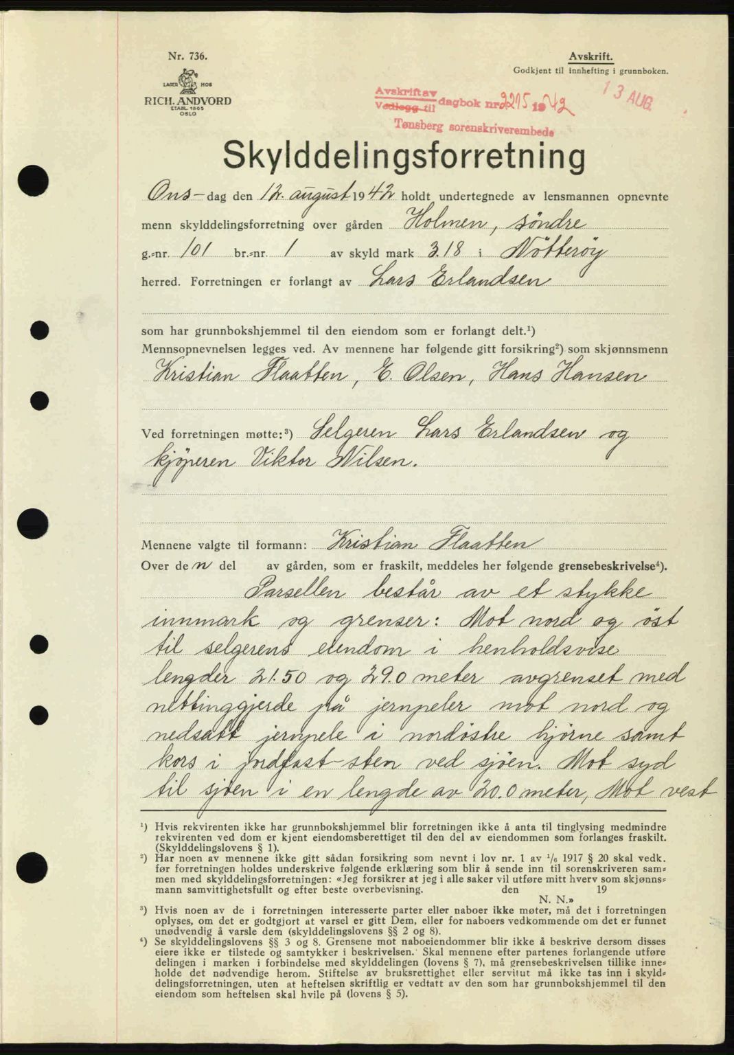 Tønsberg sorenskriveri, AV/SAKO-A-130/G/Ga/Gaa/L0012: Mortgage book no. A12, 1942-1943, Diary no: : 2215/1942