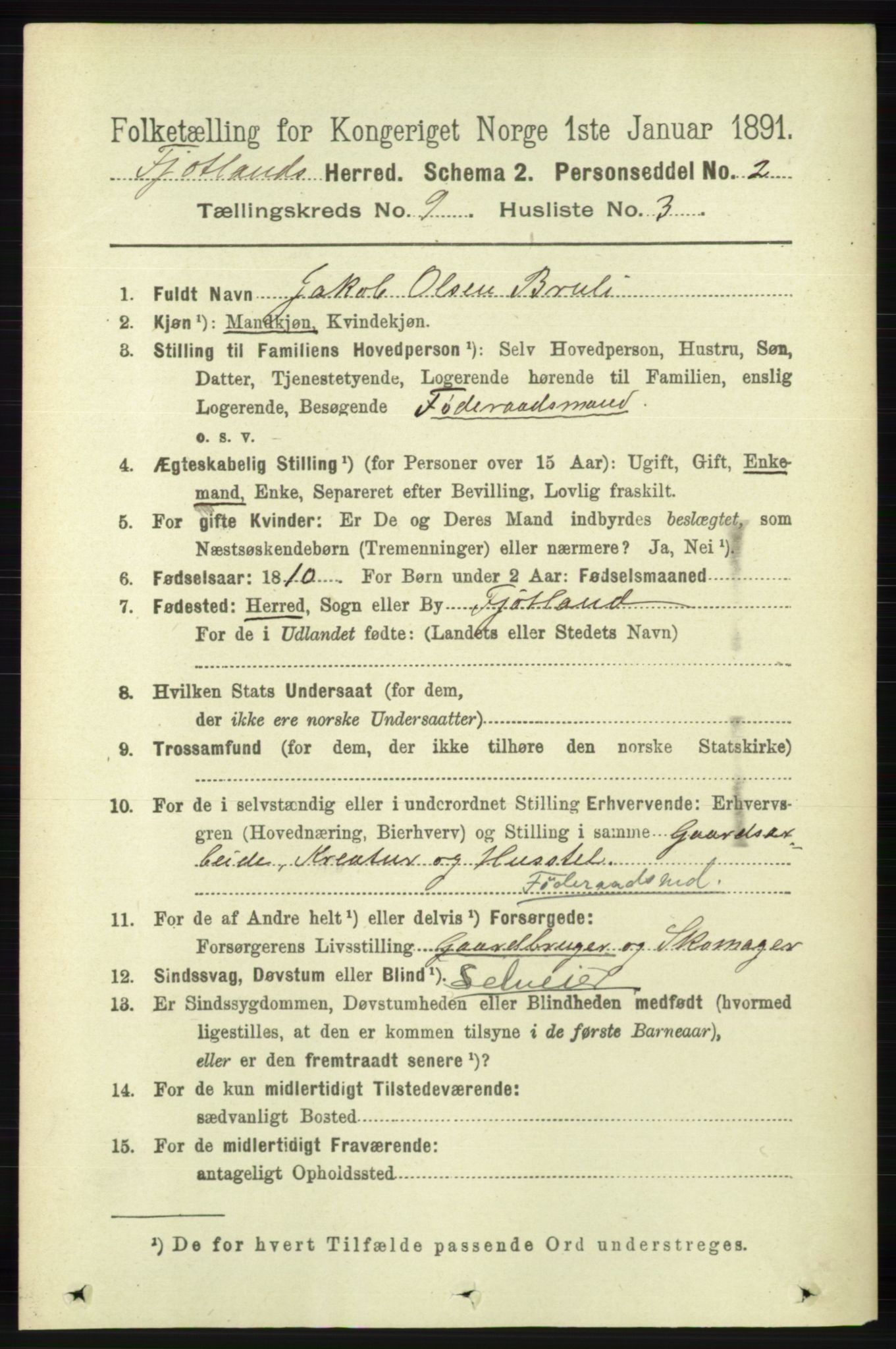 RA, 1891 census for 1036 Fjotland, 1891, p. 1315