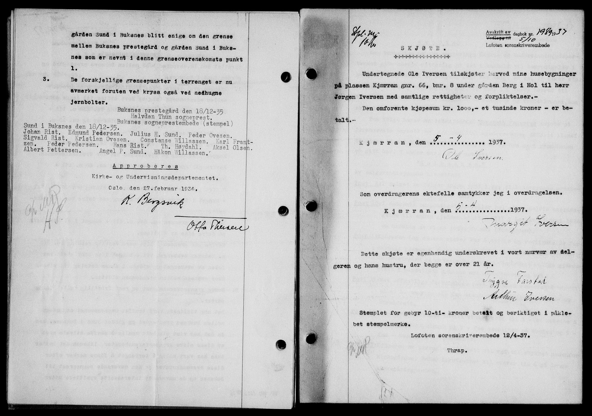 Lofoten sorenskriveri, SAT/A-0017/1/2/2C/L0003a: Mortgage book no. 3a, 1937-1938, Diary no: : 1989/1937