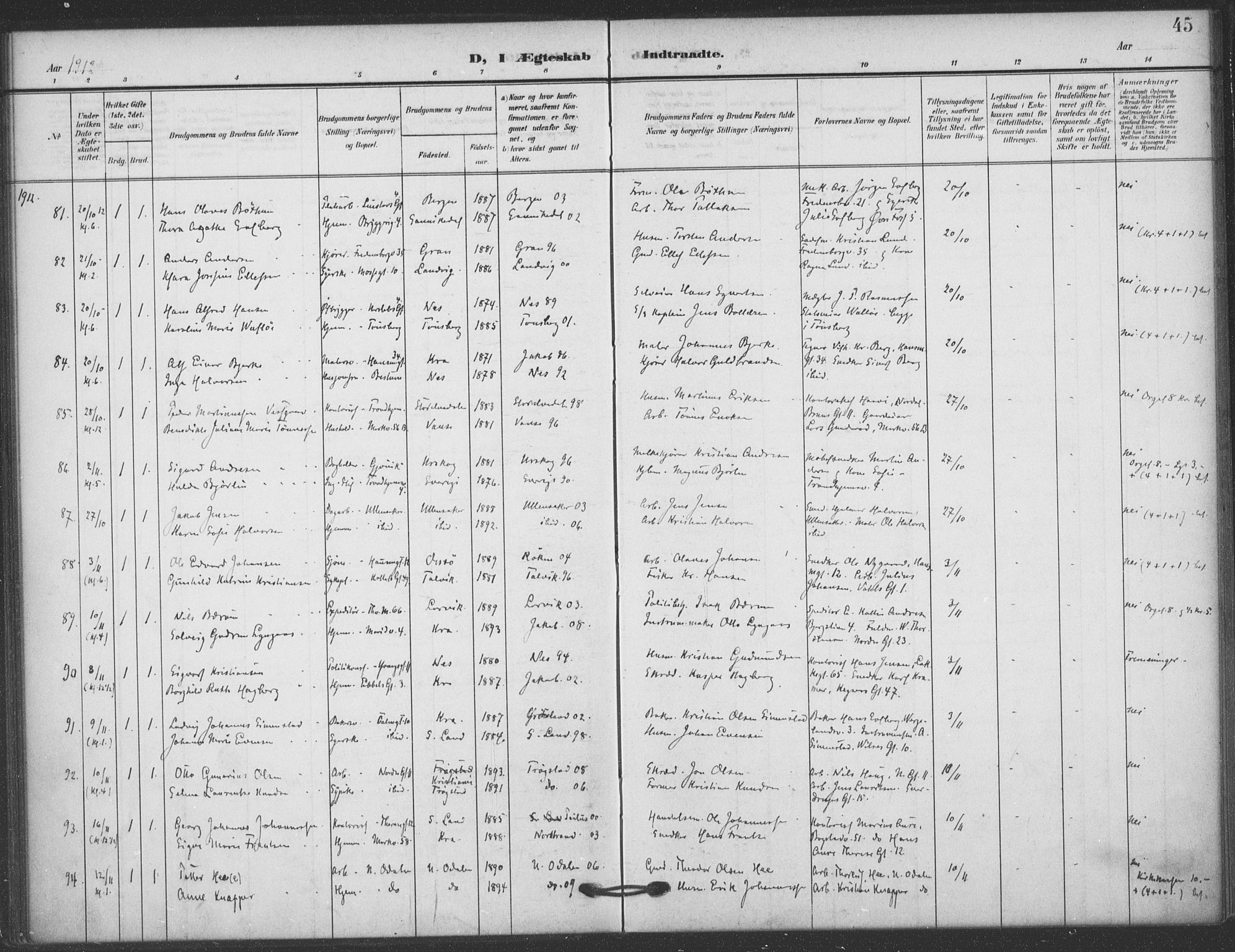 Jakob prestekontor Kirkebøker, AV/SAO-A-10850/F/Fa/L0010: Parish register (official) no. 10, 1908-1922, p. 45