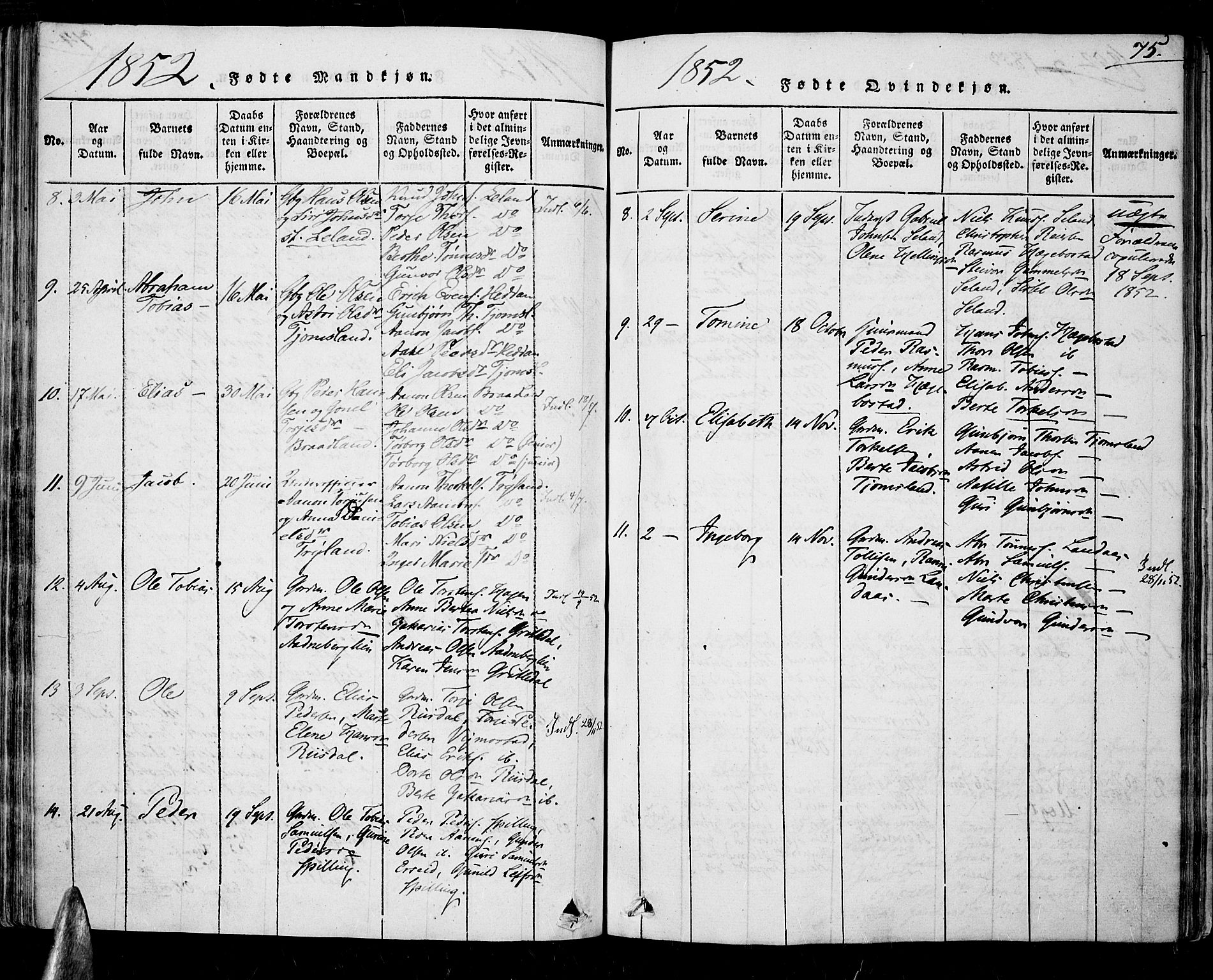 Nord-Audnedal sokneprestkontor, AV/SAK-1111-0032/F/Fa/Fab/L0001: Parish register (official) no. A 1, 1816-1858, p. 75