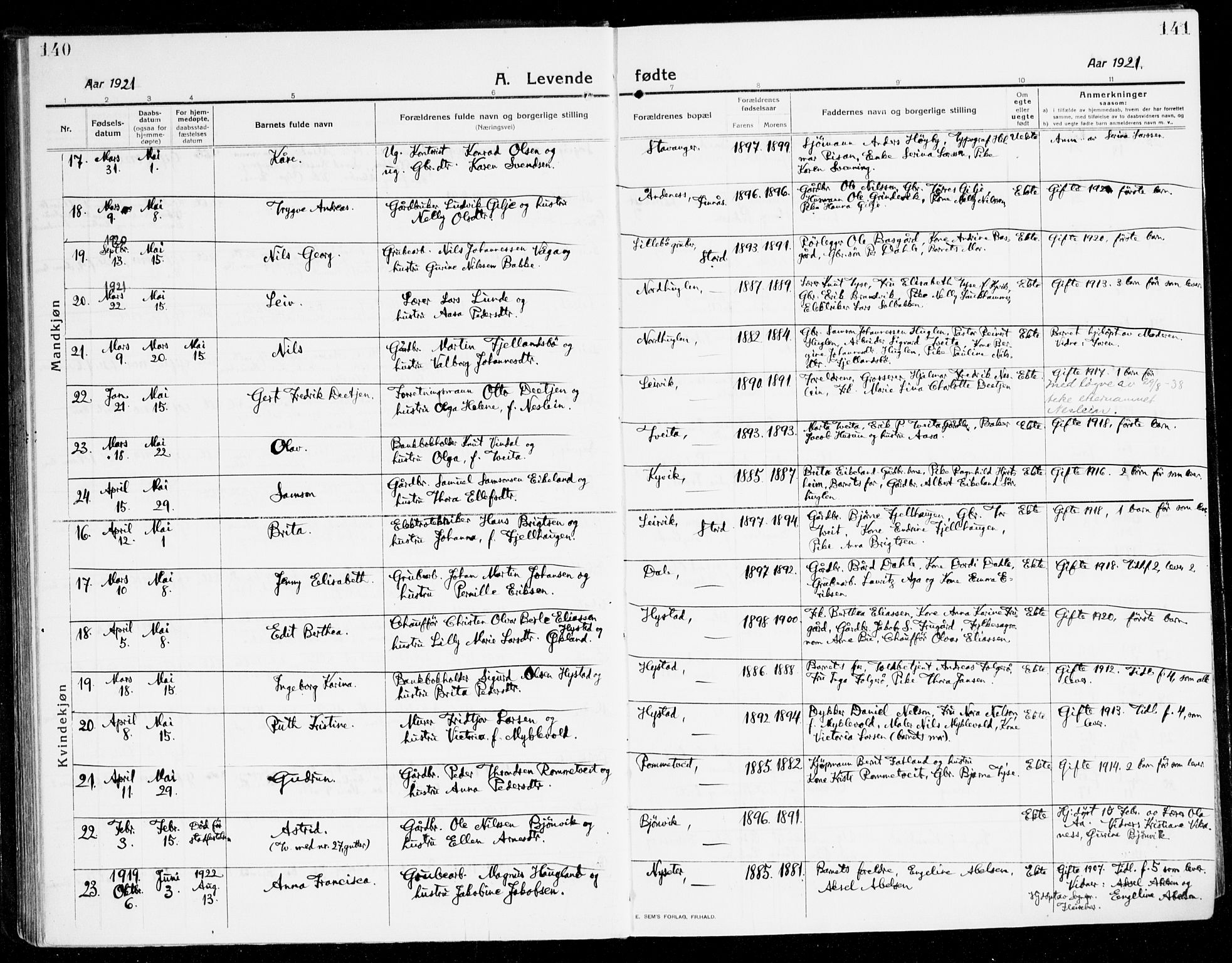 Stord sokneprestembete, SAB/A-78201/H/Haa: Parish register (official) no. B 3, 1913-1925, p. 140-141