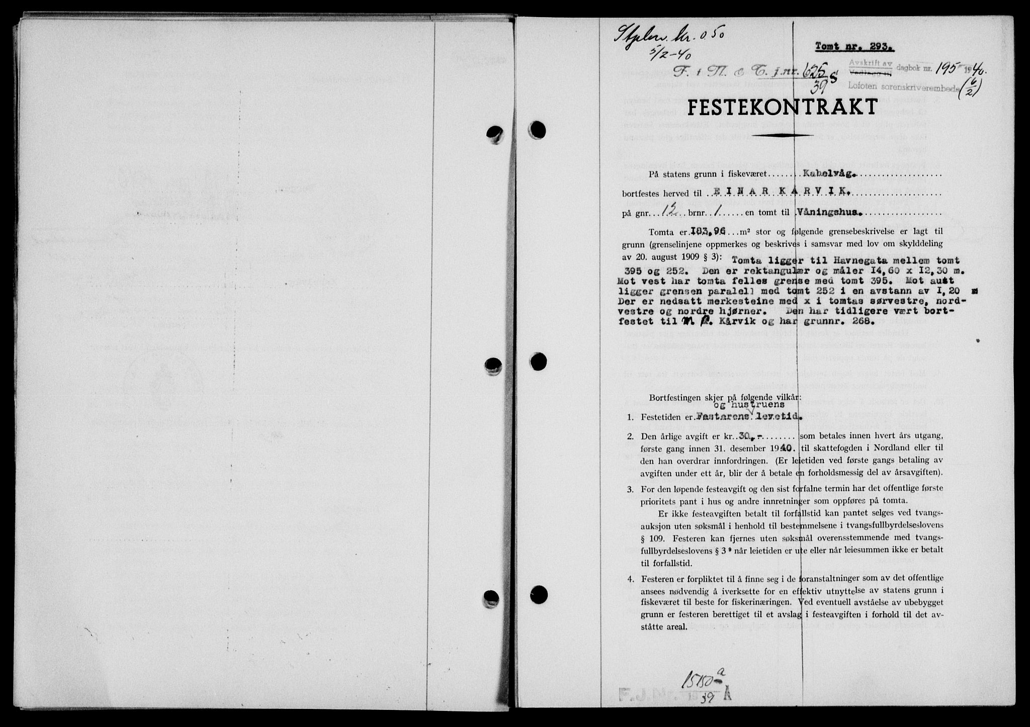 Lofoten sorenskriveri, SAT/A-0017/1/2/2C/L0007a: Mortgage book no. 7a, 1939-1940, Diary no: : 195/1940