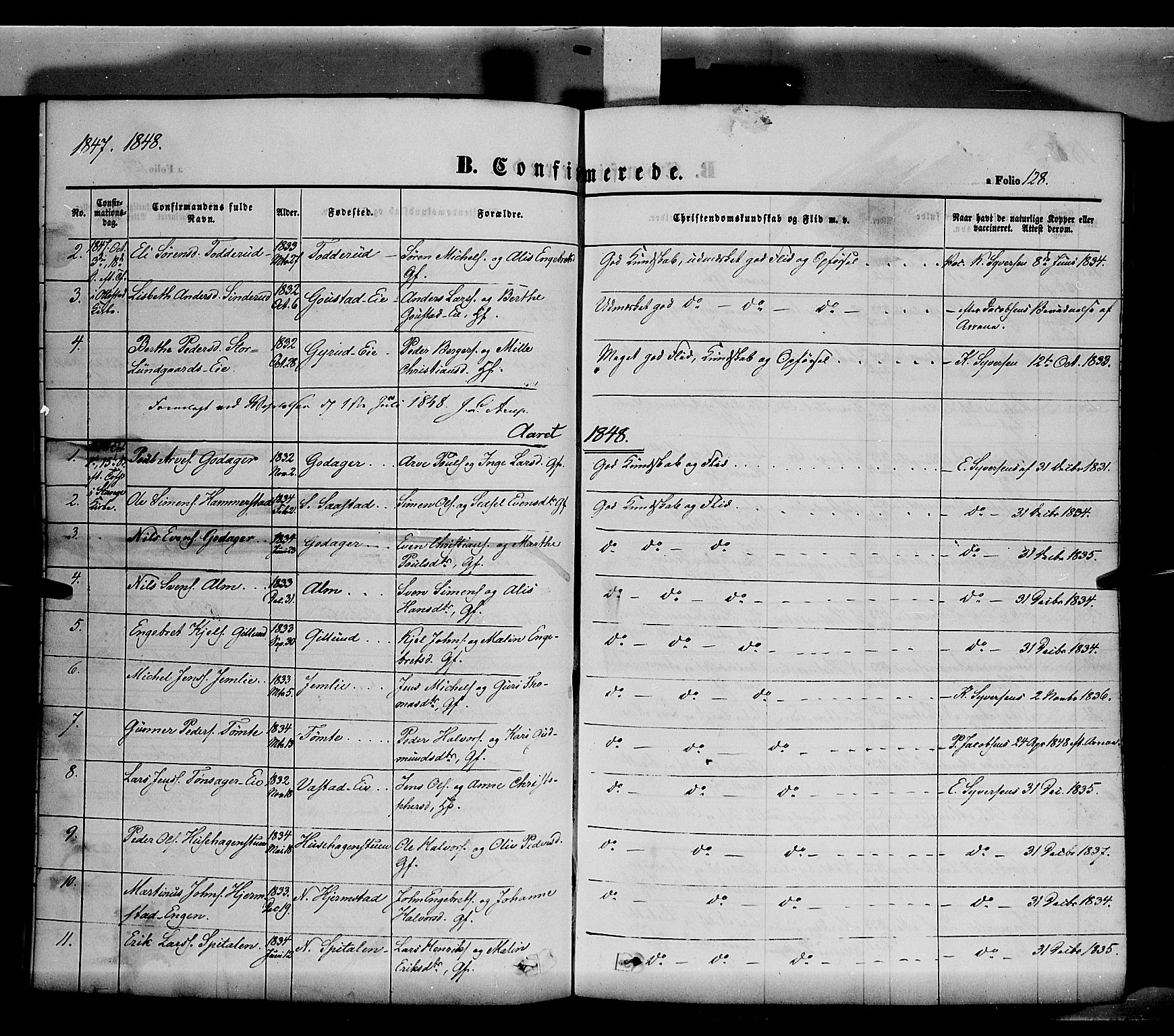 Stange prestekontor, SAH/PREST-002/K/L0011: Parish register (official) no. 11, 1846-1852, p. 128