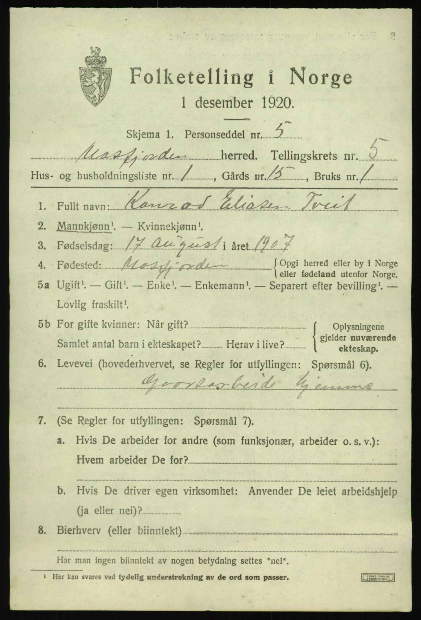 SAB, 1920 census for Masfjorden, 1920, p. 2067