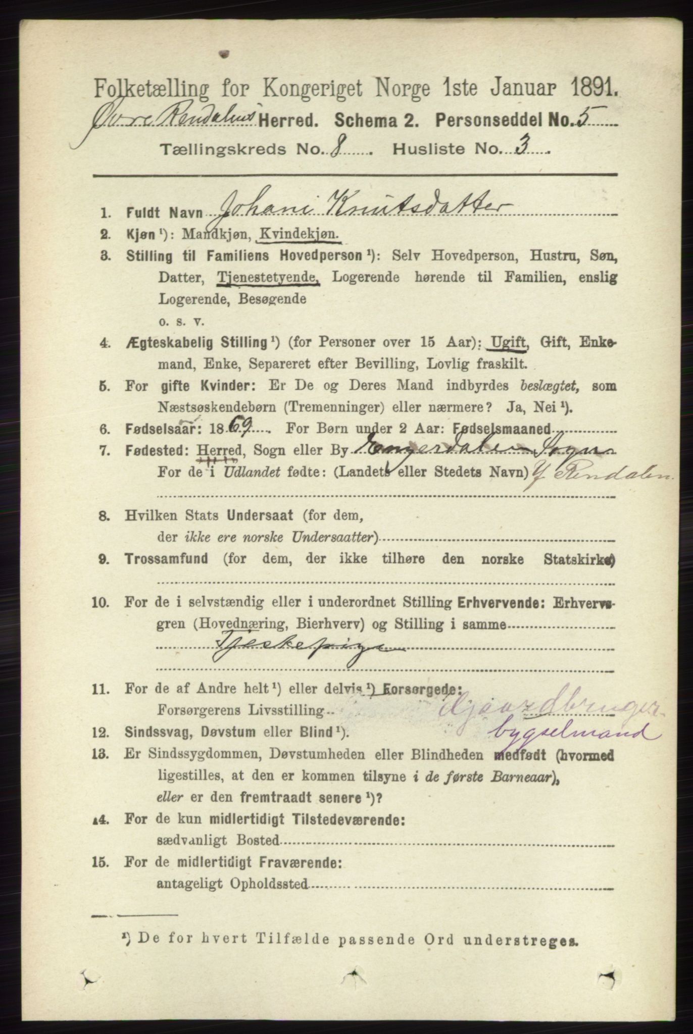 RA, 1891 census for 0433 Øvre Rendal, 1891, p. 2012