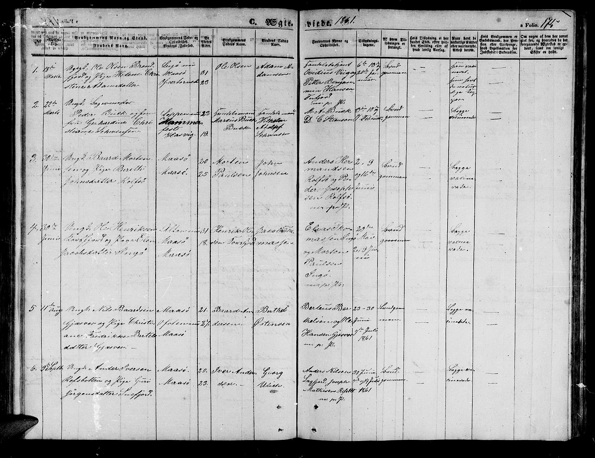 Måsøy sokneprestkontor, AV/SATØ-S-1348/H/Hb/L0001klokker: Parish register (copy) no. 1, 1852-1877, p. 175