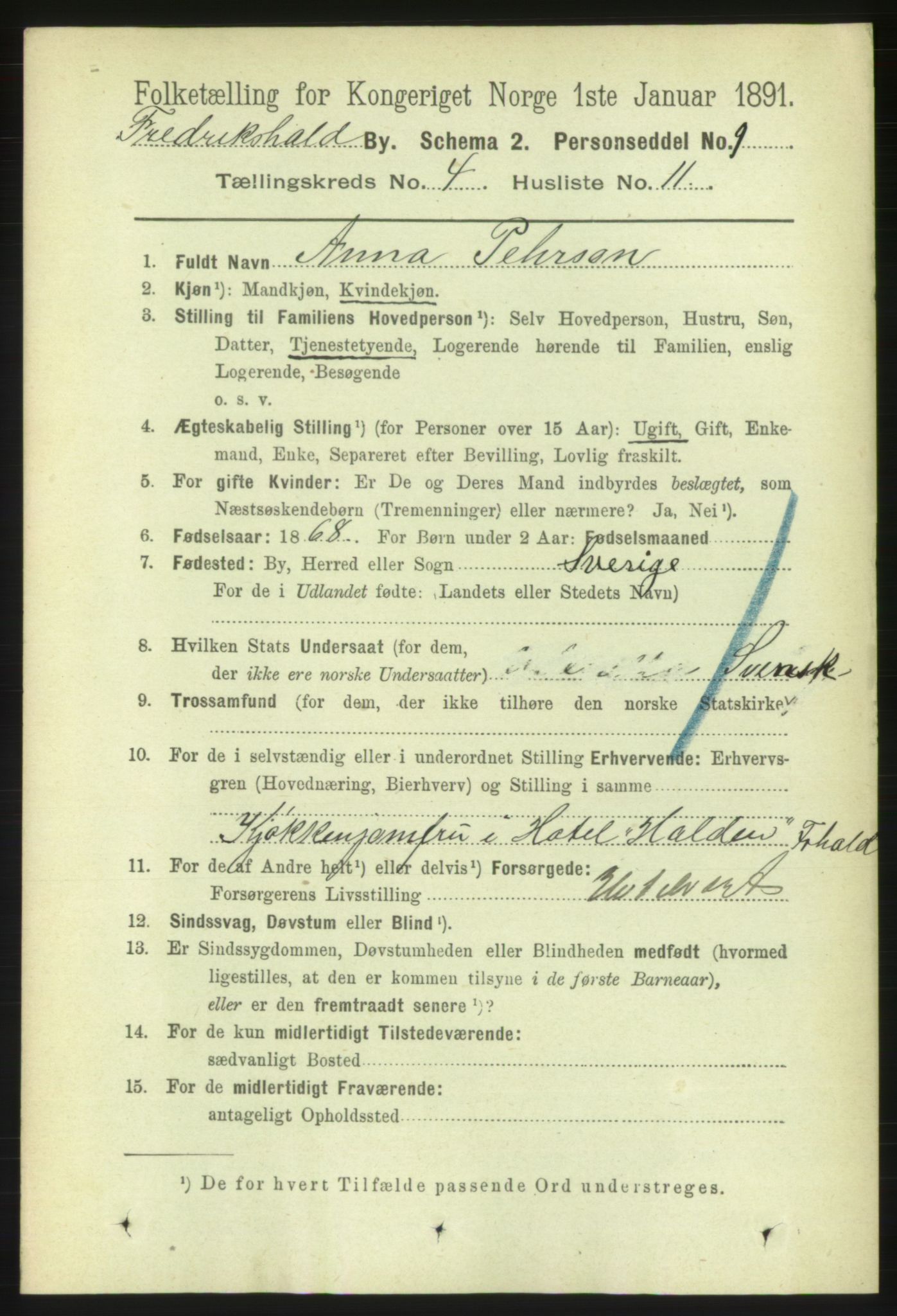 RA, 1891 census for 0101 Fredrikshald, 1891, p. 3836