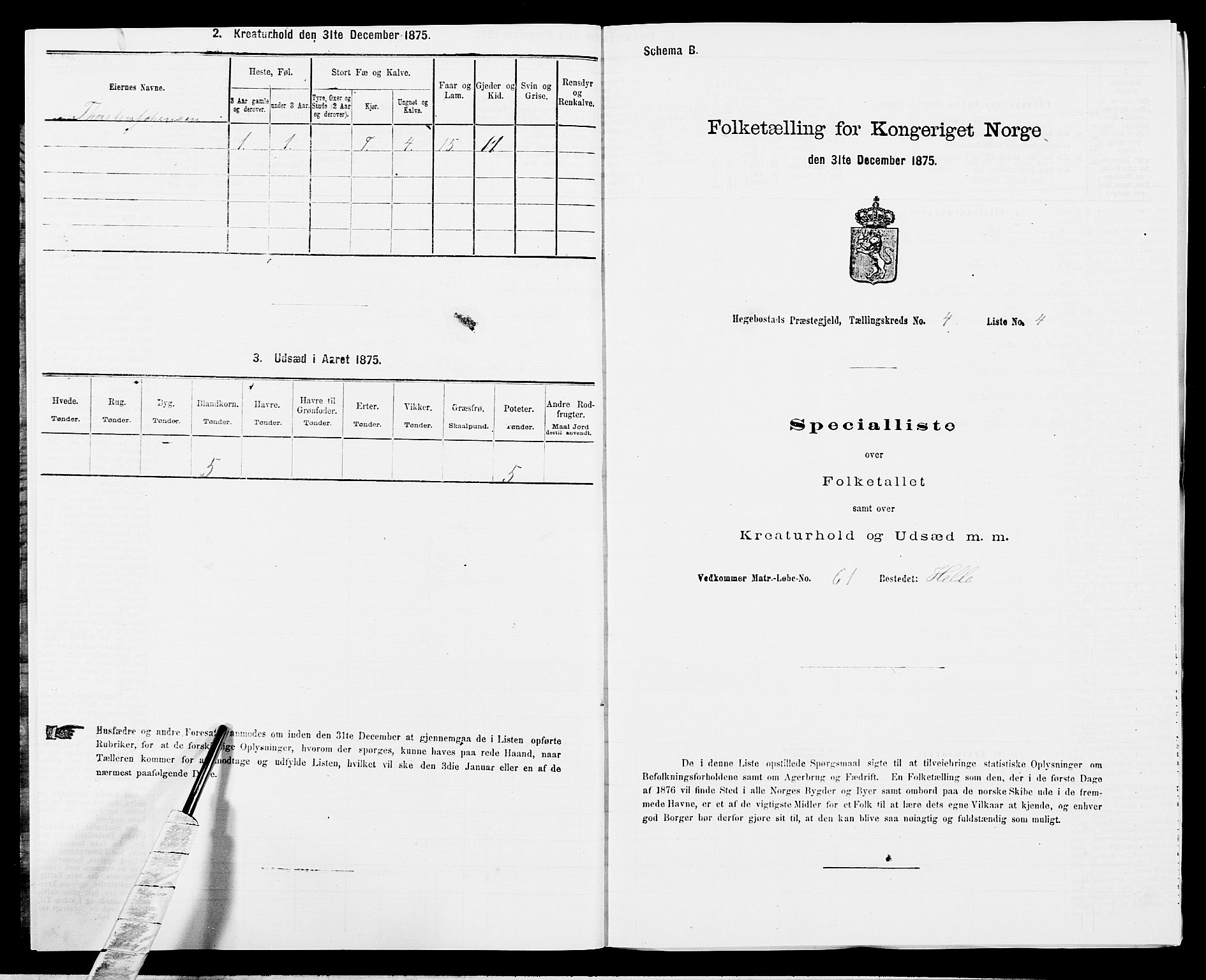 SAK, 1875 census for 1034P Hægebostad, 1875, p. 353