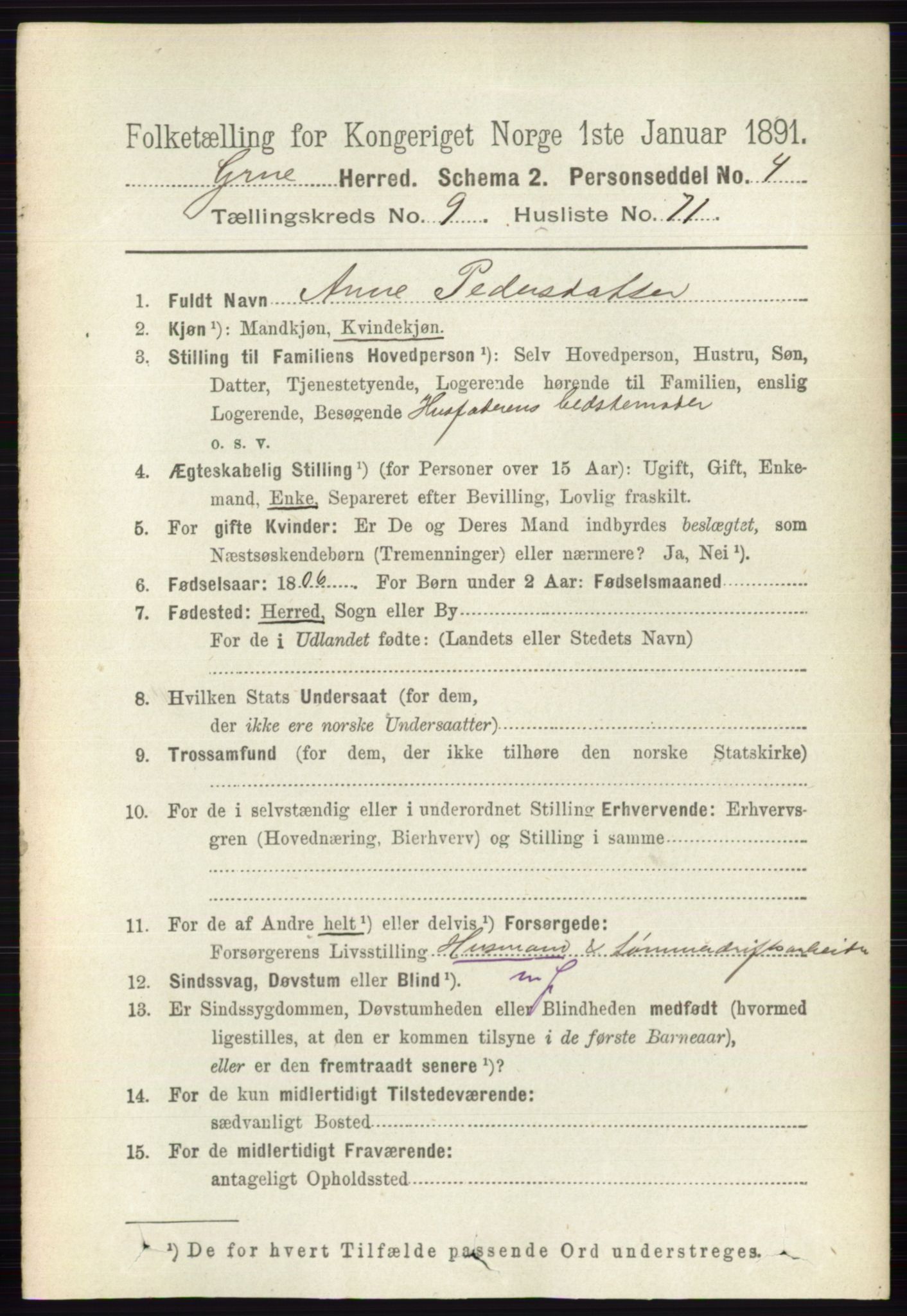 RA, 1891 census for 0423 Grue, 1891, p. 5286