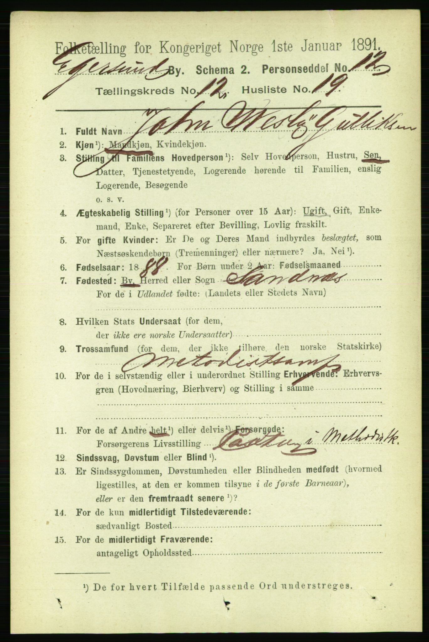 RA, 1891 census for 1101 Egersund, 1891, p. 2351