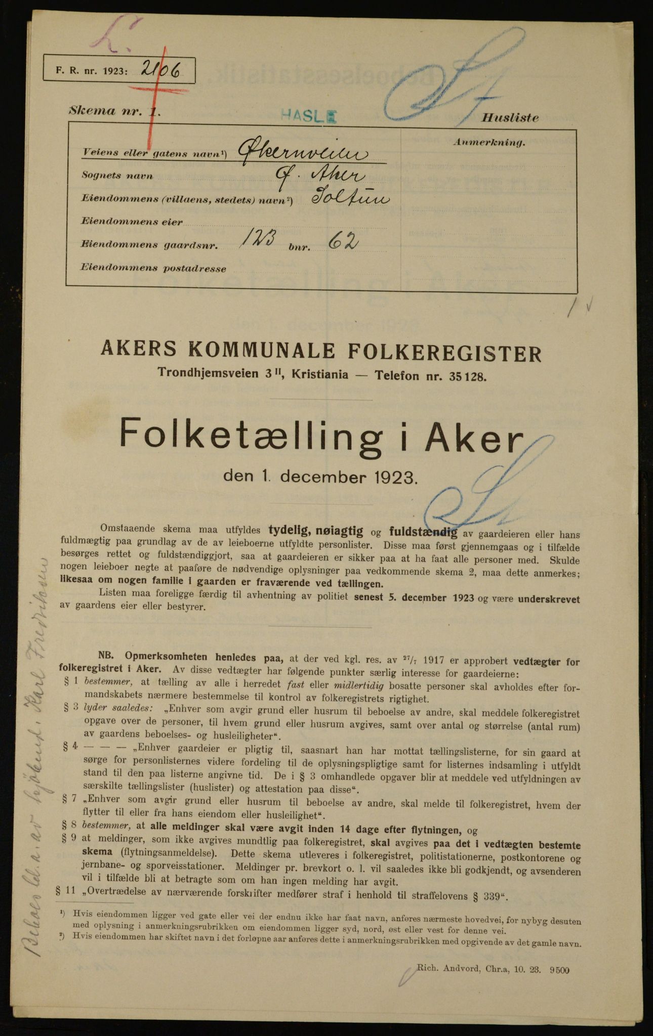 , Municipal Census 1923 for Aker, 1923, p. 35805