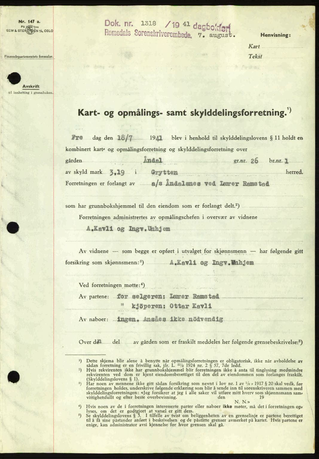 Romsdal sorenskriveri, AV/SAT-A-4149/1/2/2C: Mortgage book no. A10, 1941-1941, Diary no: : 1318/1941