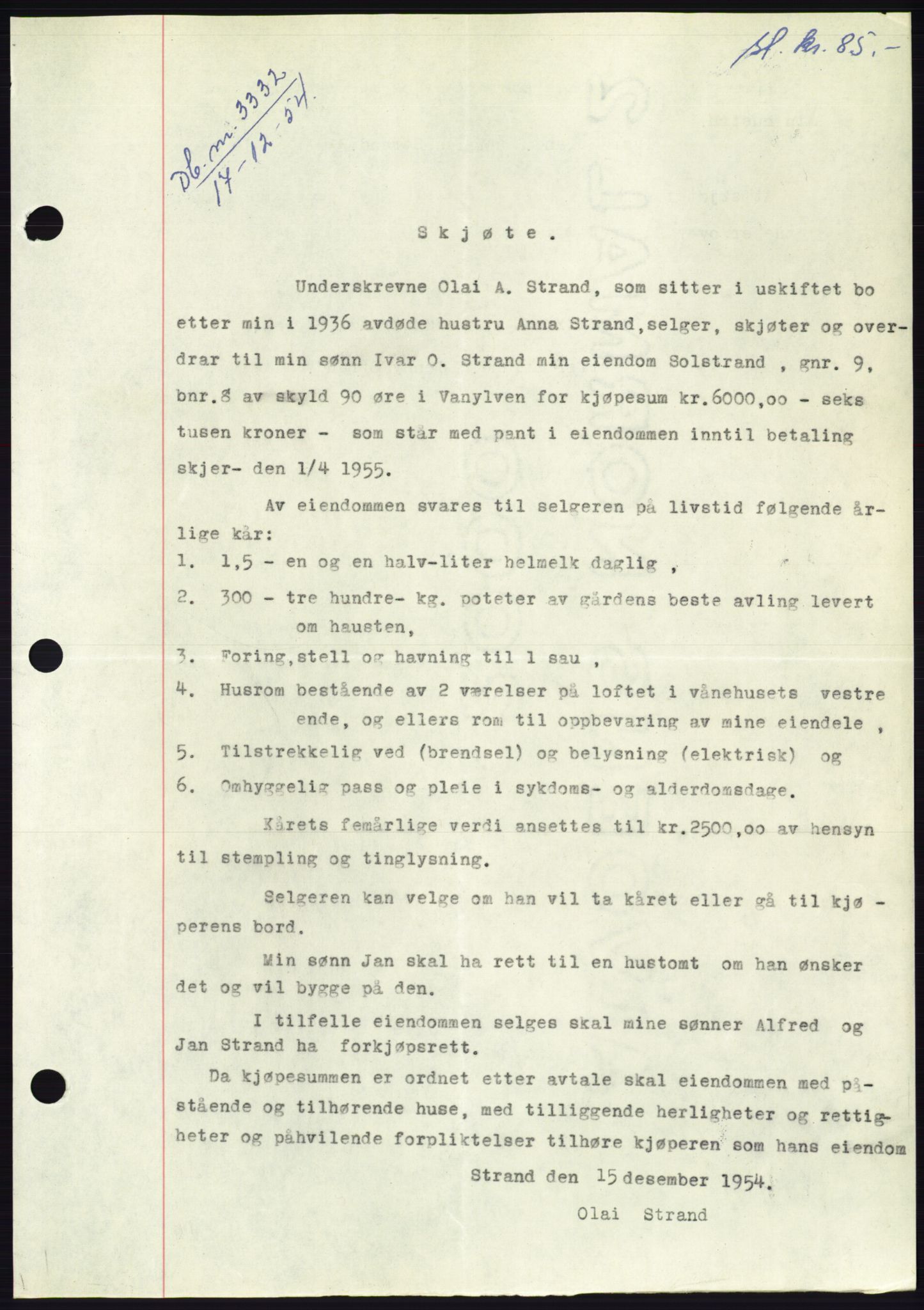 Søre Sunnmøre sorenskriveri, AV/SAT-A-4122/1/2/2C/L0099: Mortgage book no. 25A, 1954-1954, Diary no: : 3332/1954