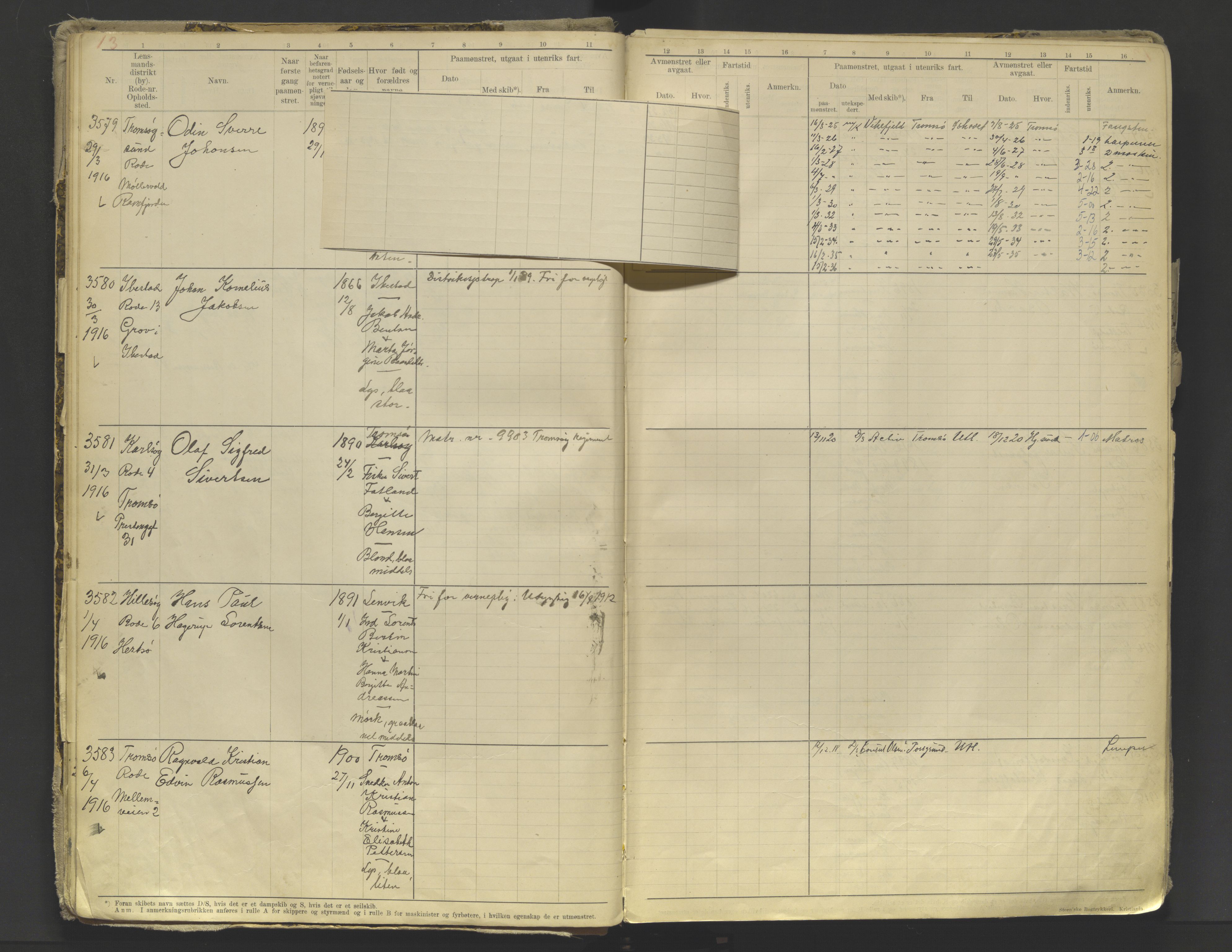 Tromsø sjømannskontor/innrullerings-/mønstringsdistrikt, AV/SATØ-S-0243/F/Fb/L0010: Annotasjonsrulle. Defekt: løs innbinding. Nr. 3519-4972, 1916-1920