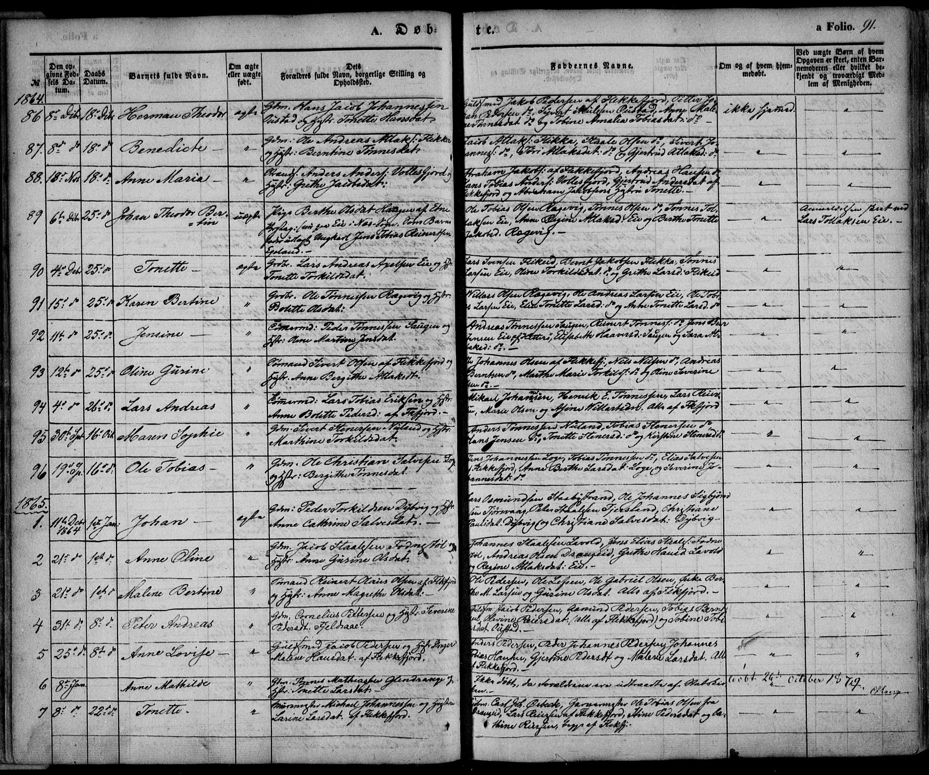 Flekkefjord sokneprestkontor, AV/SAK-1111-0012/F/Fa/Fac/L0005: Parish register (official) no. A 5, 1849-1875, p. 91