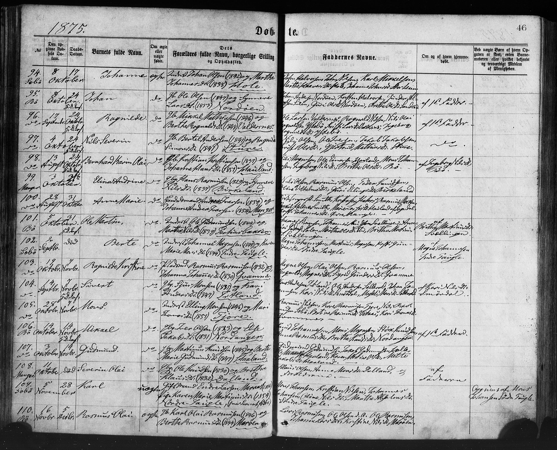 Manger sokneprestembete, SAB/A-76801/H/Haa: Parish register (official) no. A 8, 1871-1880, p. 46