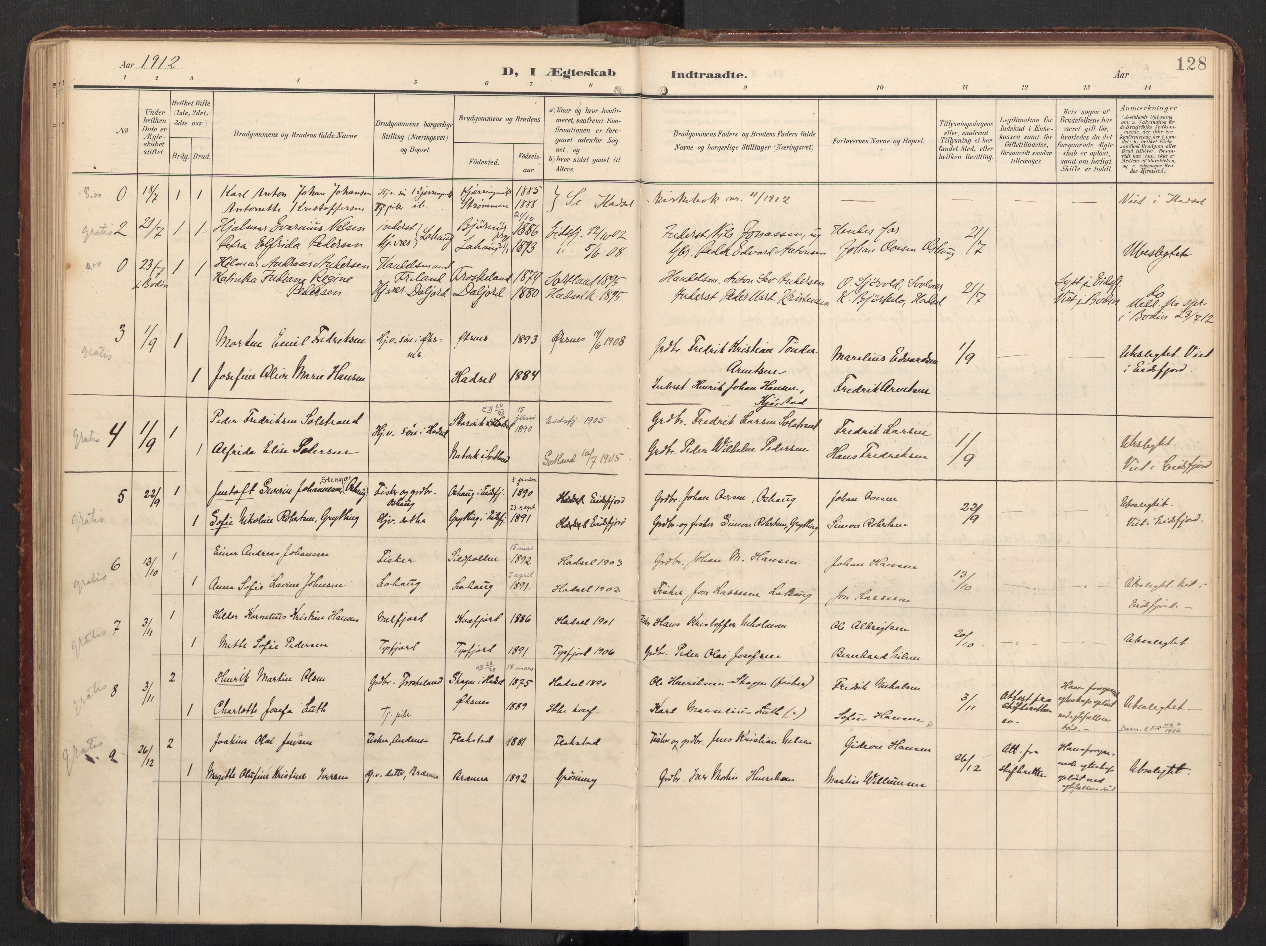 Ministerialprotokoller, klokkerbøker og fødselsregistre - Nordland, SAT/A-1459/890/L1287: Parish register (official) no. 890A02, 1903-1915, p. 128