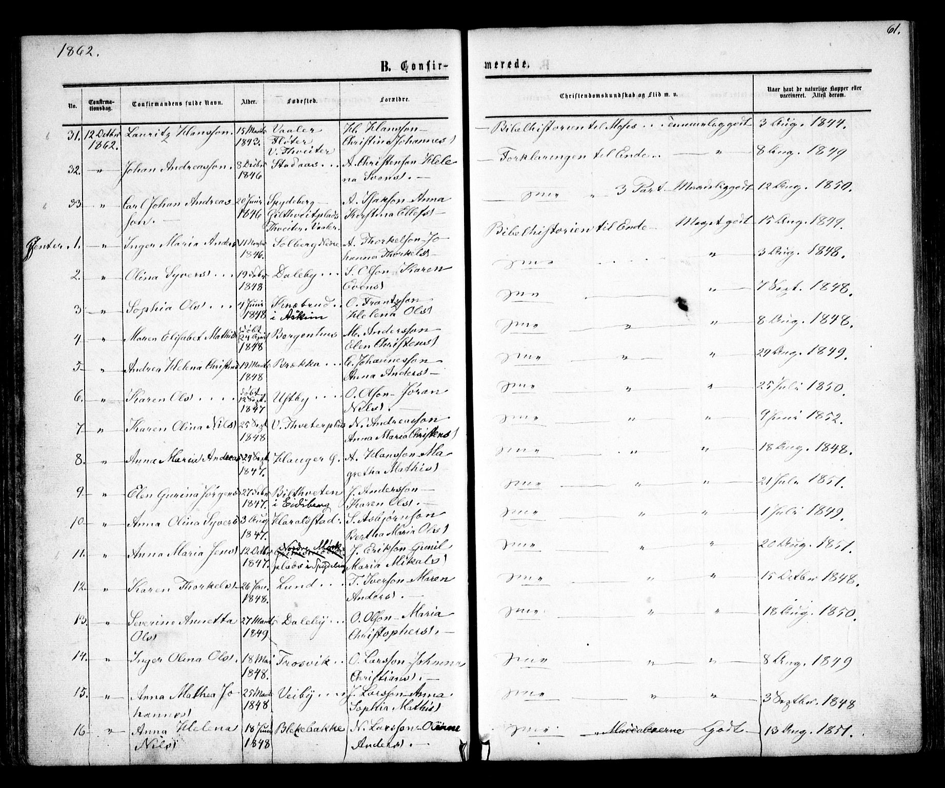 Skiptvet prestekontor Kirkebøker, SAO/A-20009/F/Fa/L0007: Parish register (official) no. 7, 1861-1866, p. 61
