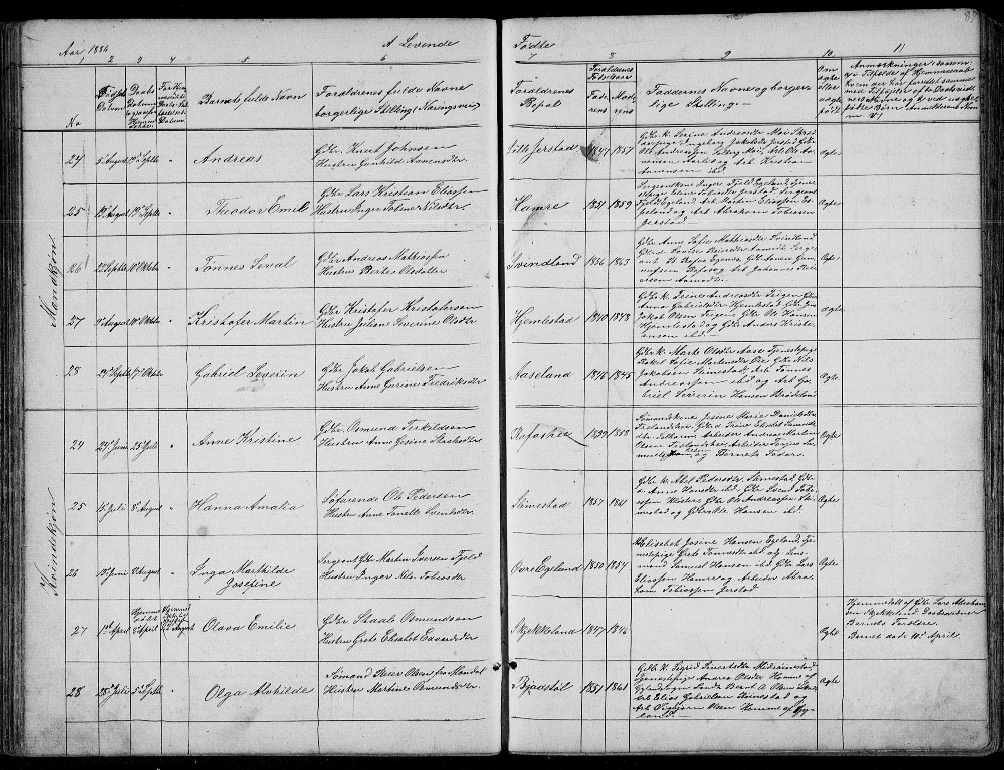 Kvinesdal sokneprestkontor, AV/SAK-1111-0026/F/Fb/Fbb/L0002: Parish register (copy) no. B 2, 1873-1897, p. 87