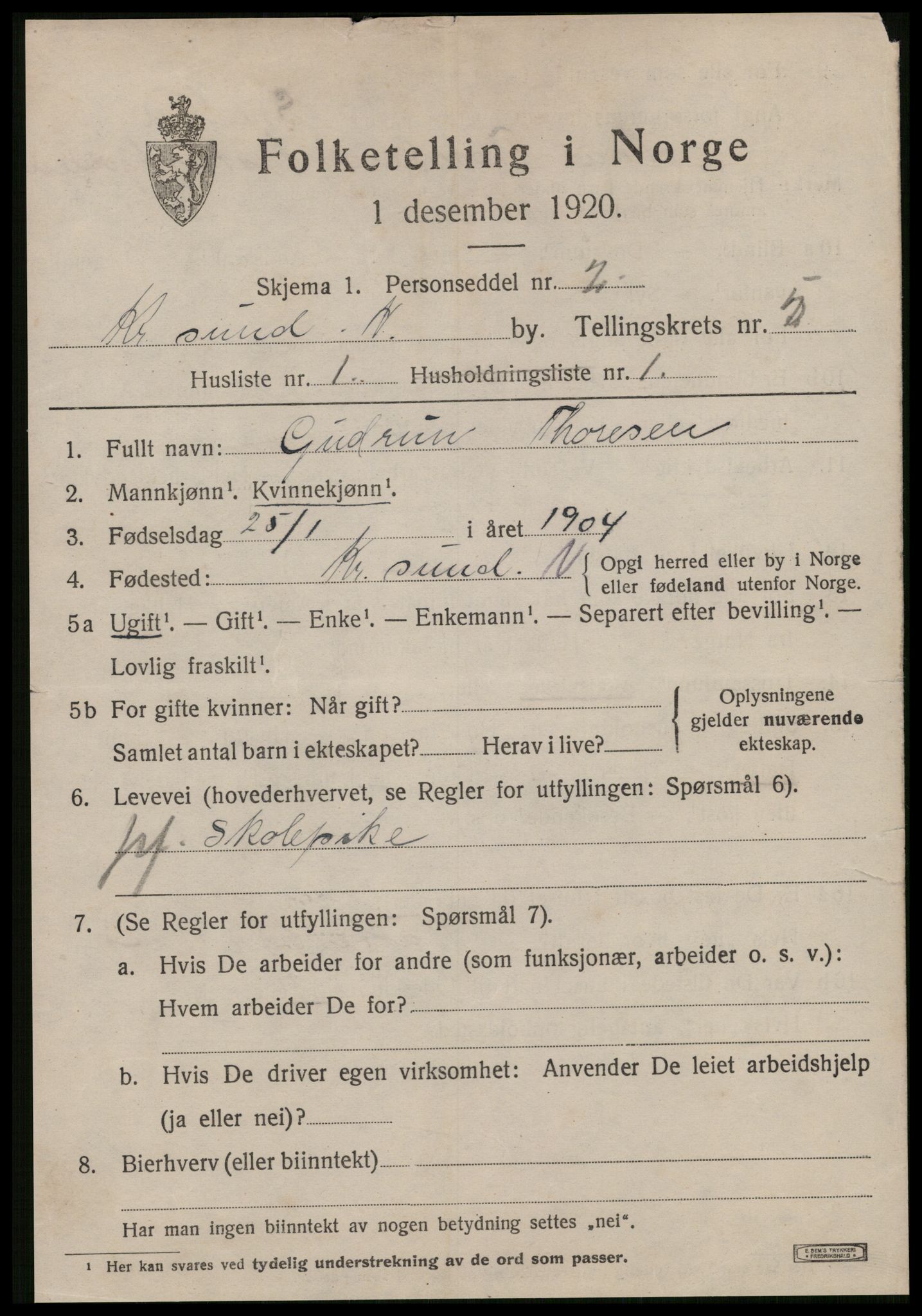 SAT, 1920 census for Kristiansund, 1920, p. 15967