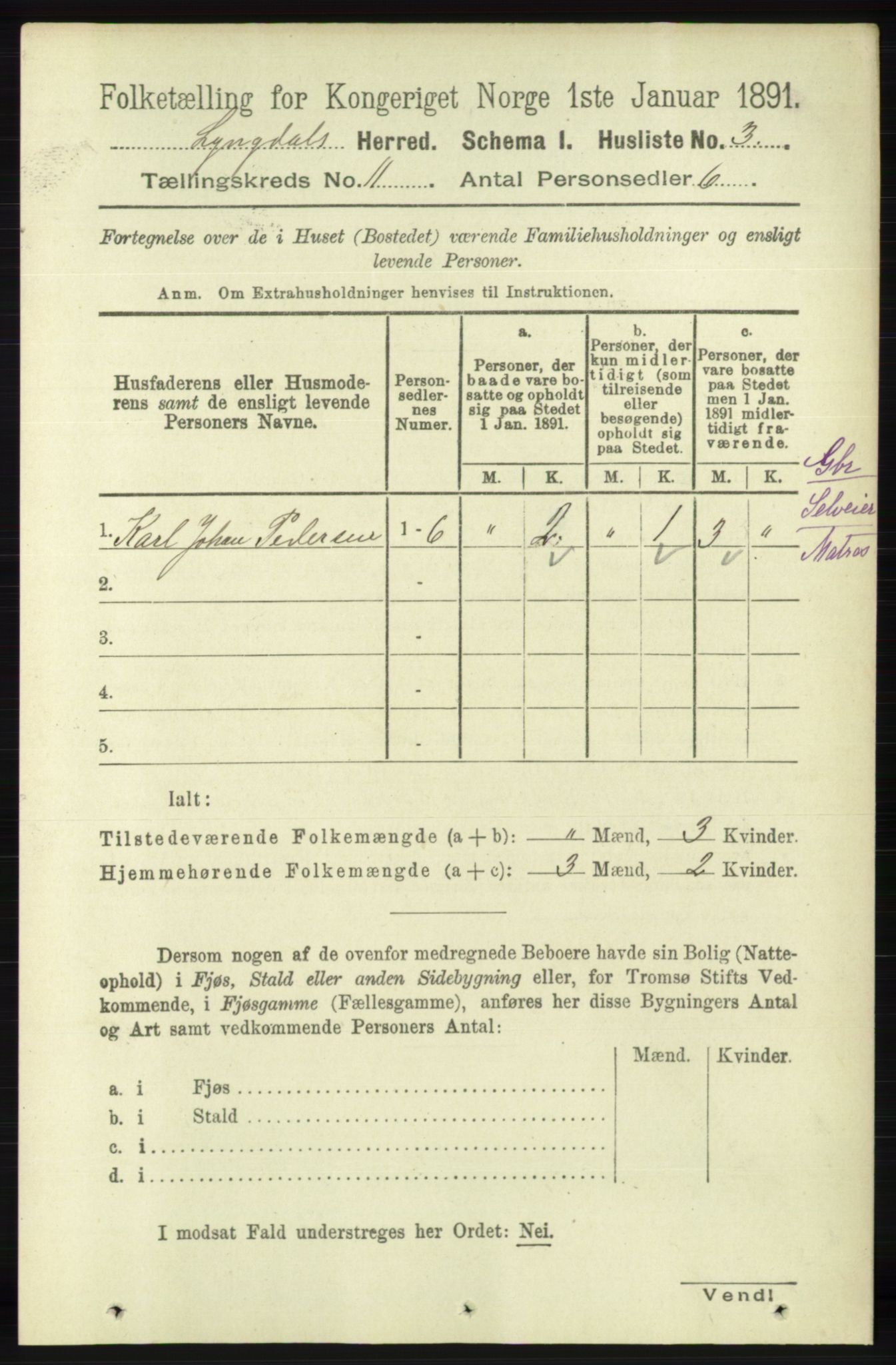 RA, 1891 census for 1032 Lyngdal, 1891, p. 4734