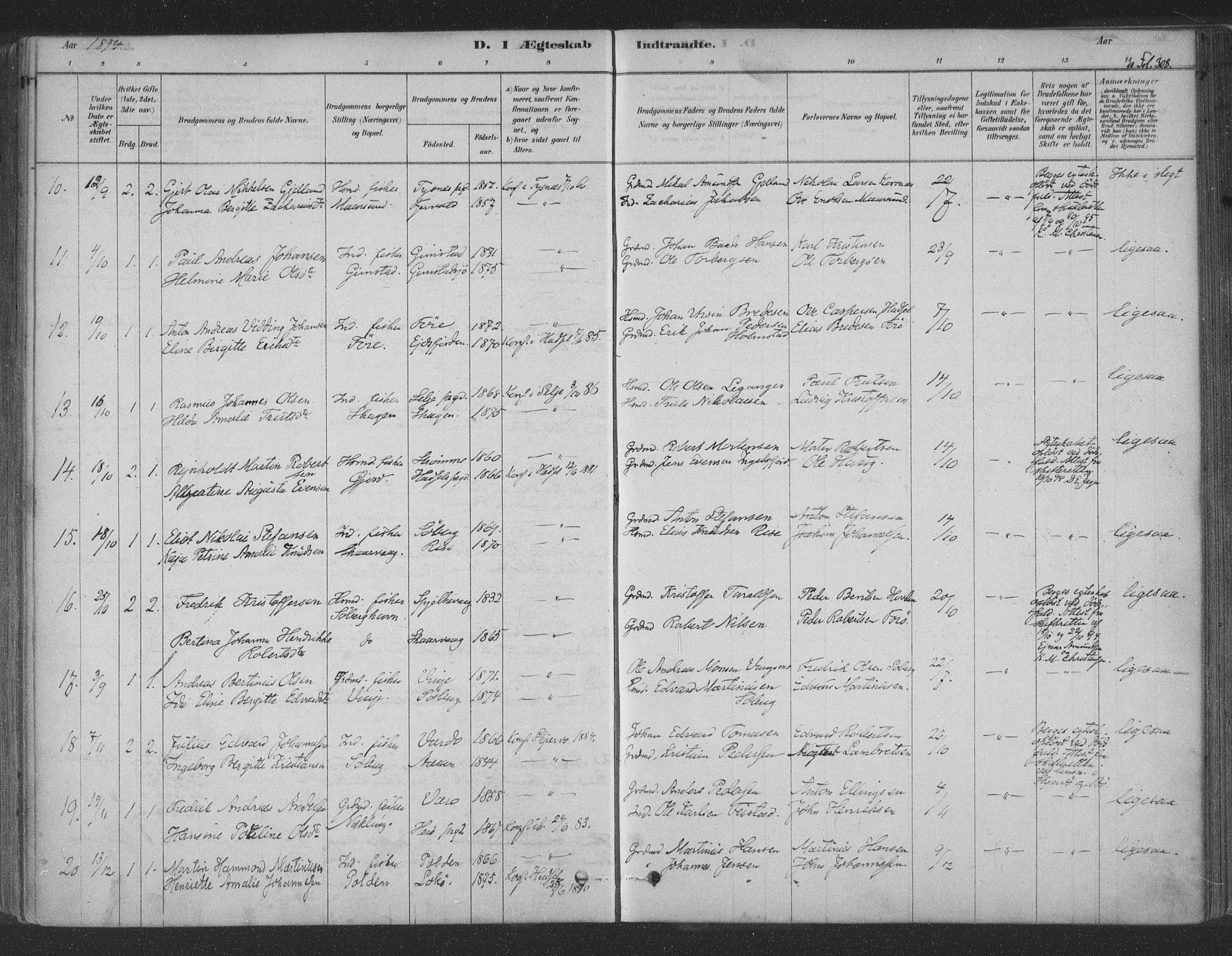 Ministerialprotokoller, klokkerbøker og fødselsregistre - Nordland, AV/SAT-A-1459/891/L1302: Parish register (official) no. 891A07, 1878-1895, p. 308