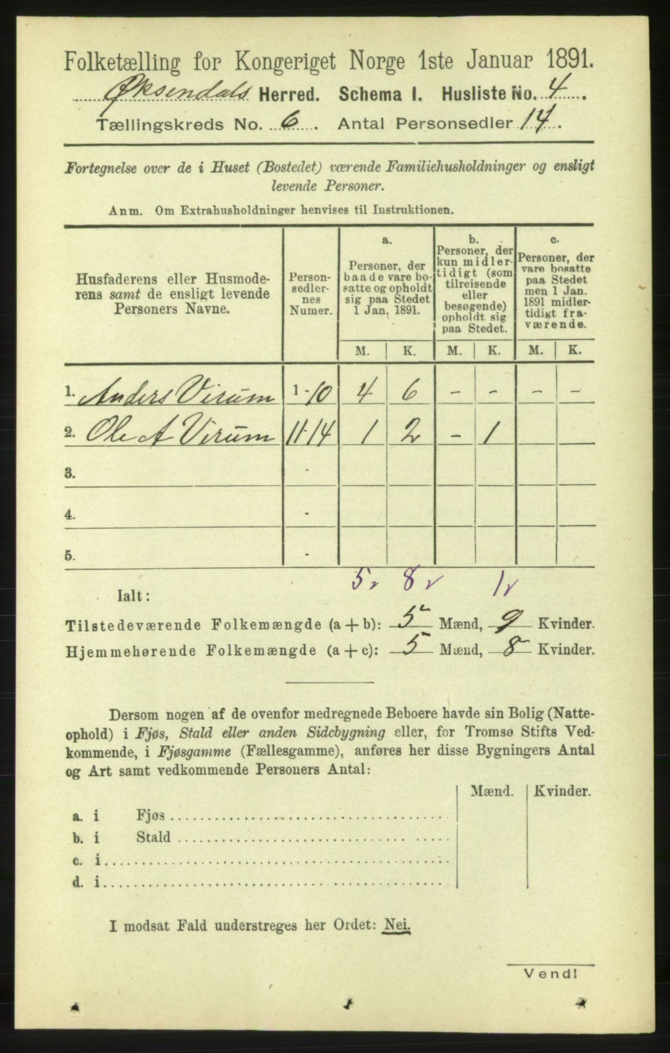 RA, 1891 census for 1561 Øksendal, 1891, p. 1213