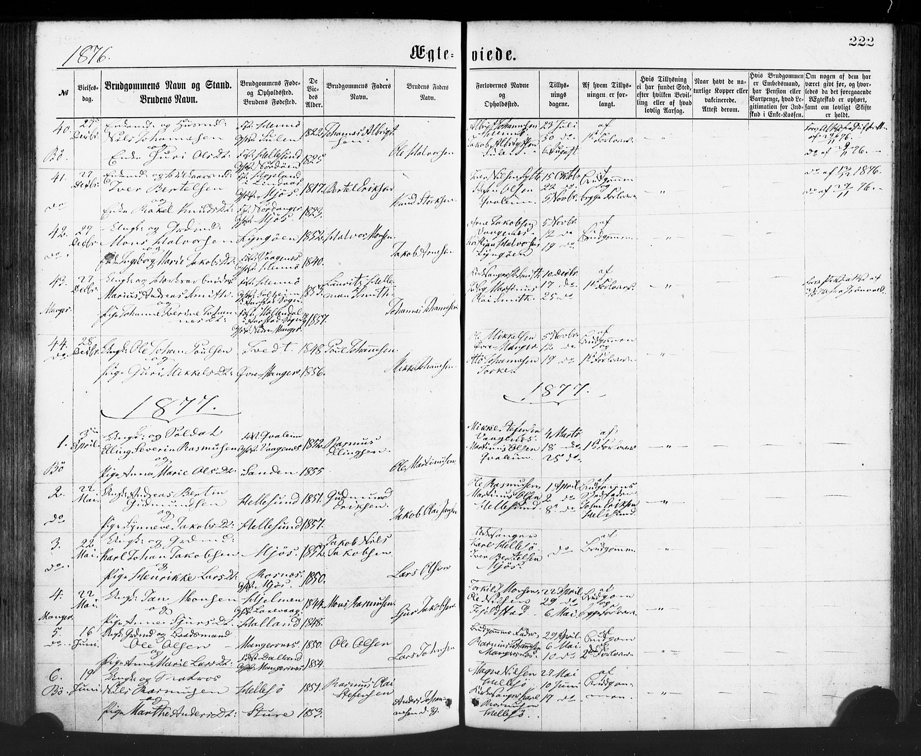 Manger sokneprestembete, SAB/A-76801/H/Haa: Parish register (official) no. A 8, 1871-1880, p. 222