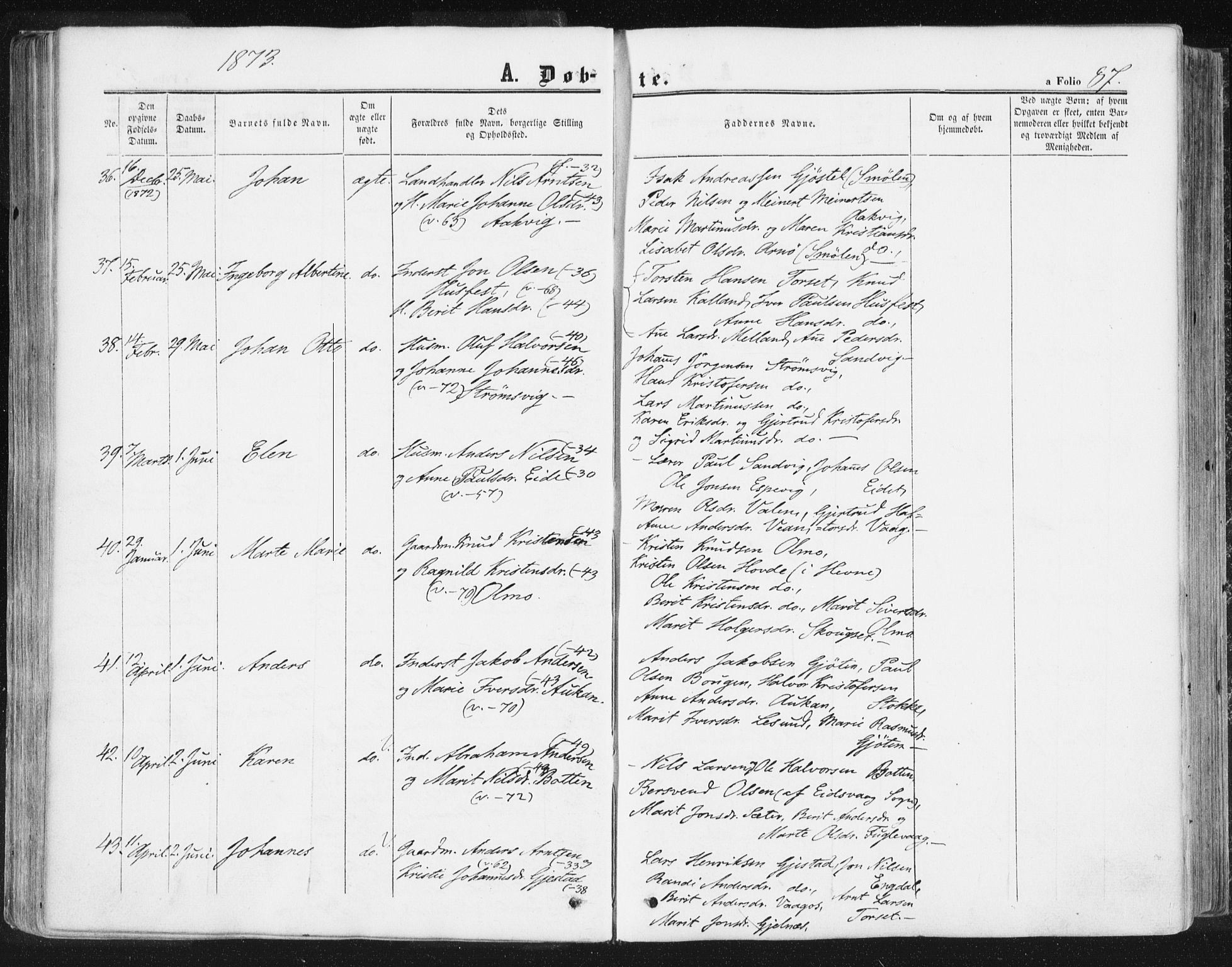 Ministerialprotokoller, klokkerbøker og fødselsregistre - Møre og Romsdal, AV/SAT-A-1454/578/L0905: Parish register (official) no. 578A04, 1859-1877, p. 87