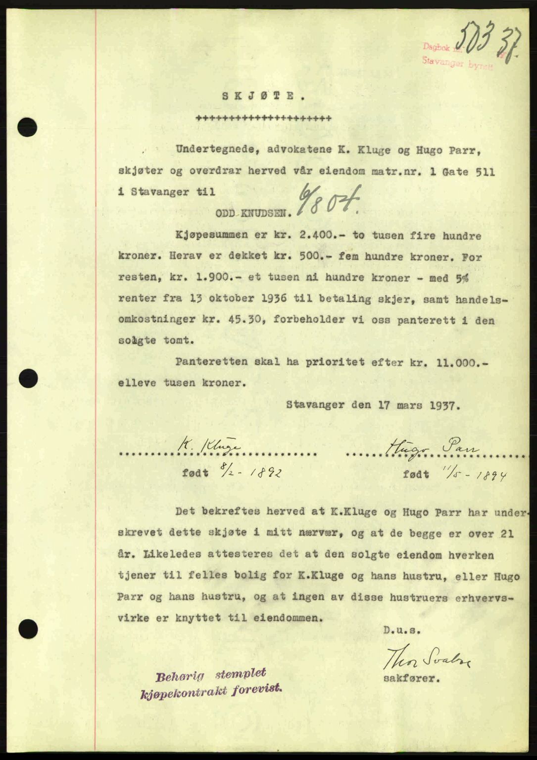Stavanger byrett, SAST/A-100455/002/G/Gb/L0012: Mortgage book no. A2, 1936-1937, Diary no: : 503/1937