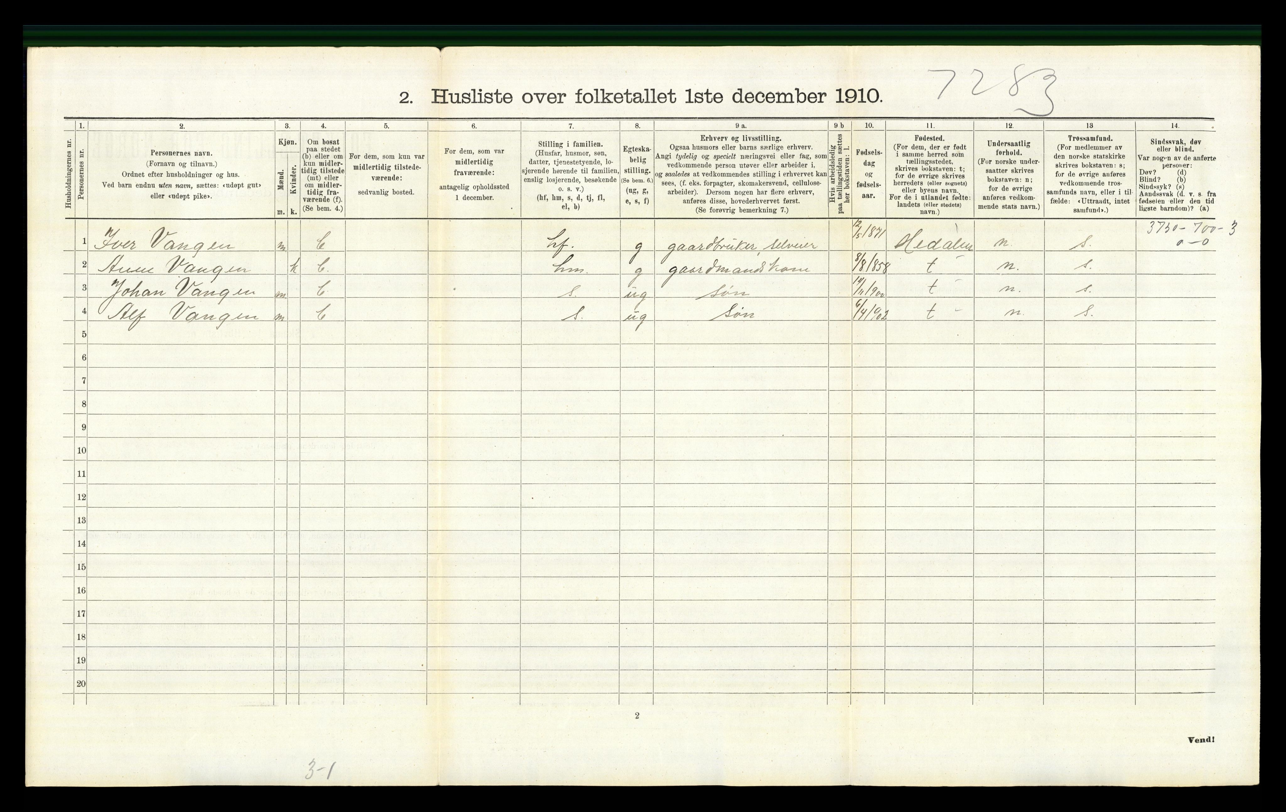 RA, 1910 census for Nord-Fron, 1910, p. 1379