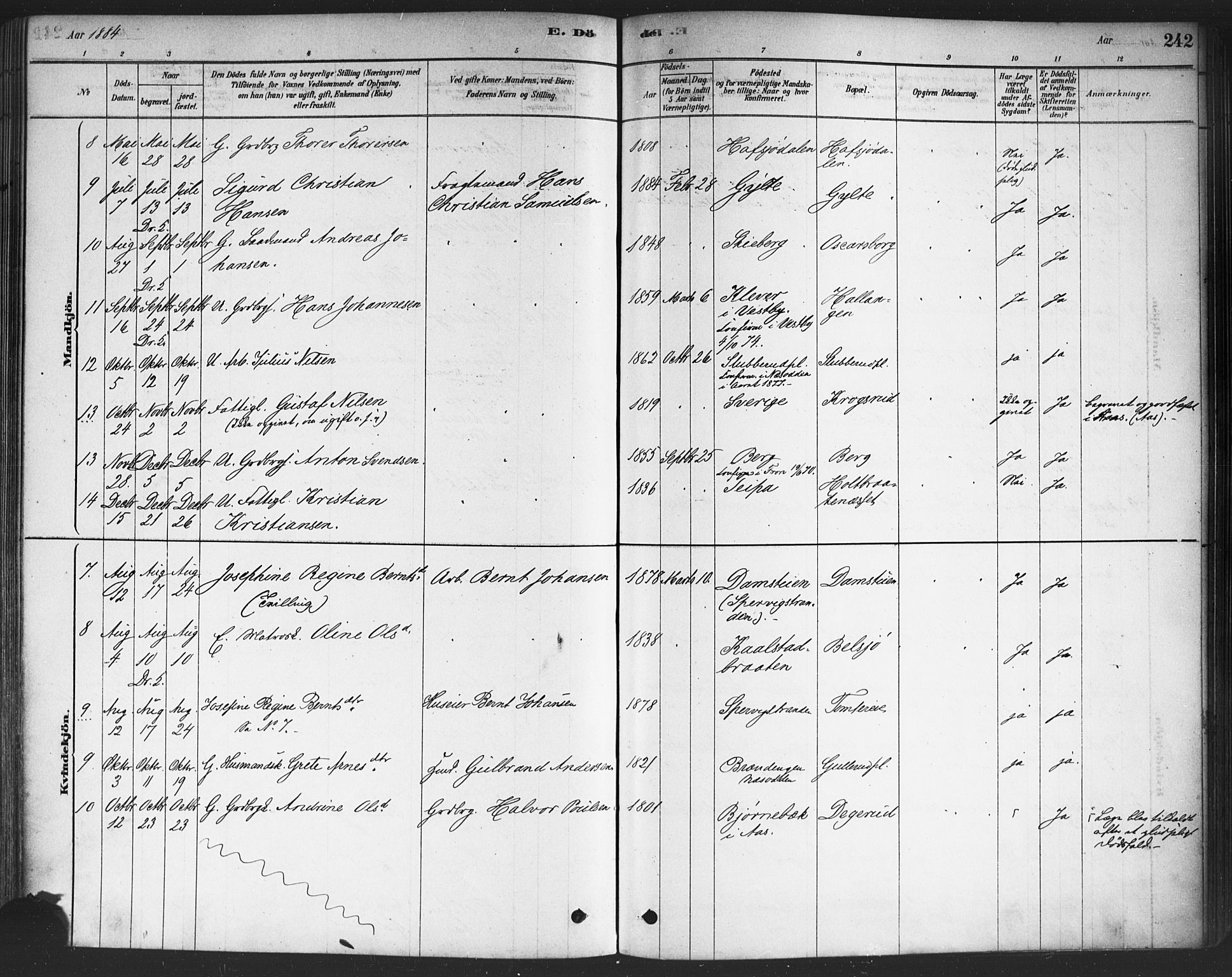 Drøbak prestekontor Kirkebøker, SAO/A-10142a/F/Fc/L0002: Parish register (official) no. III 2, 1878-1891, p. 242